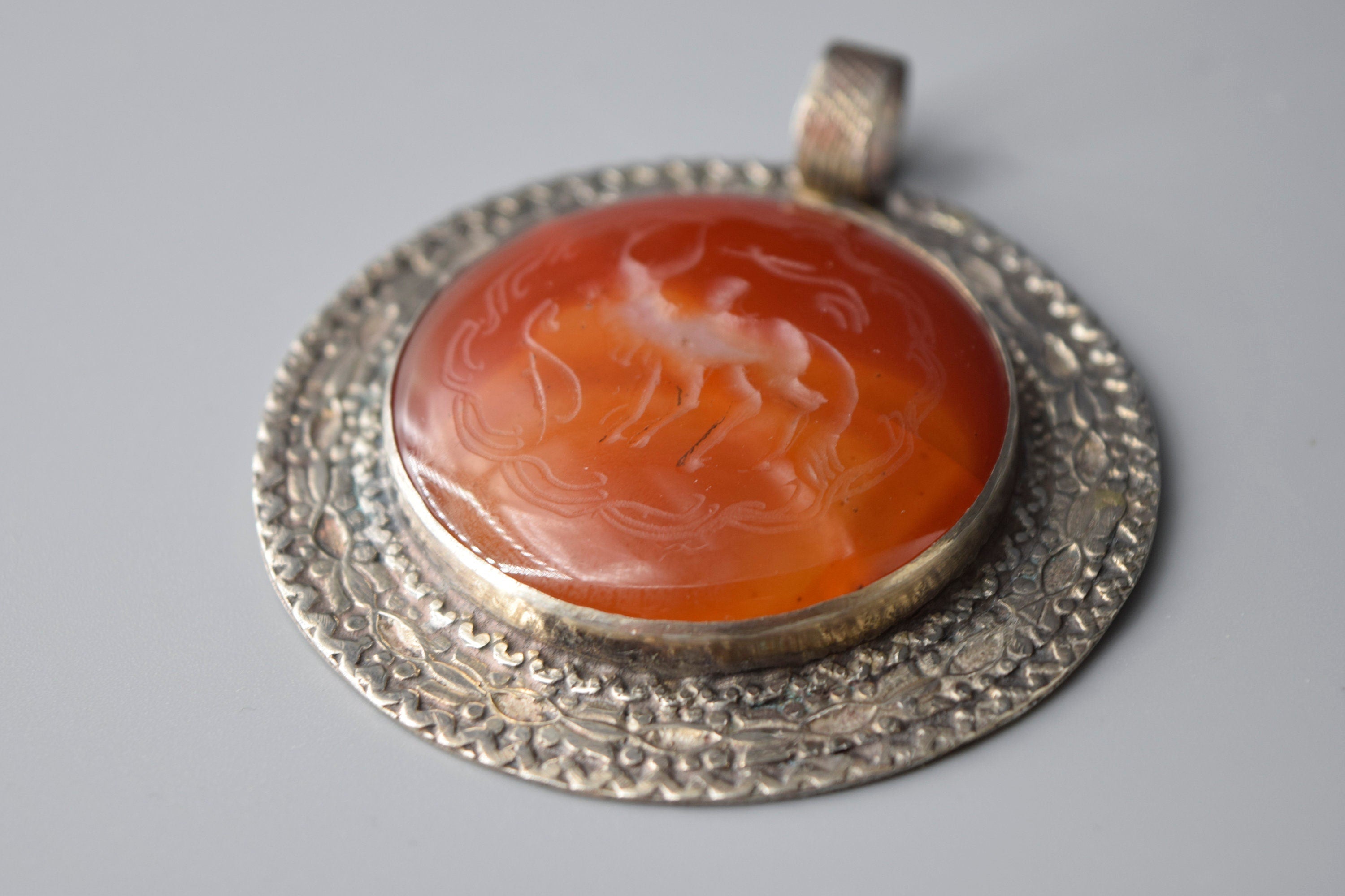 Antique Afghan Carnelian Intaglio in Silver Pendant