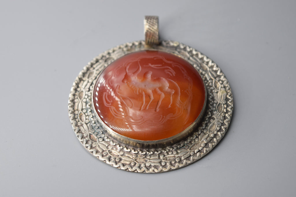 Antique Afghan Carnelian Intaglio in Silver Pendant