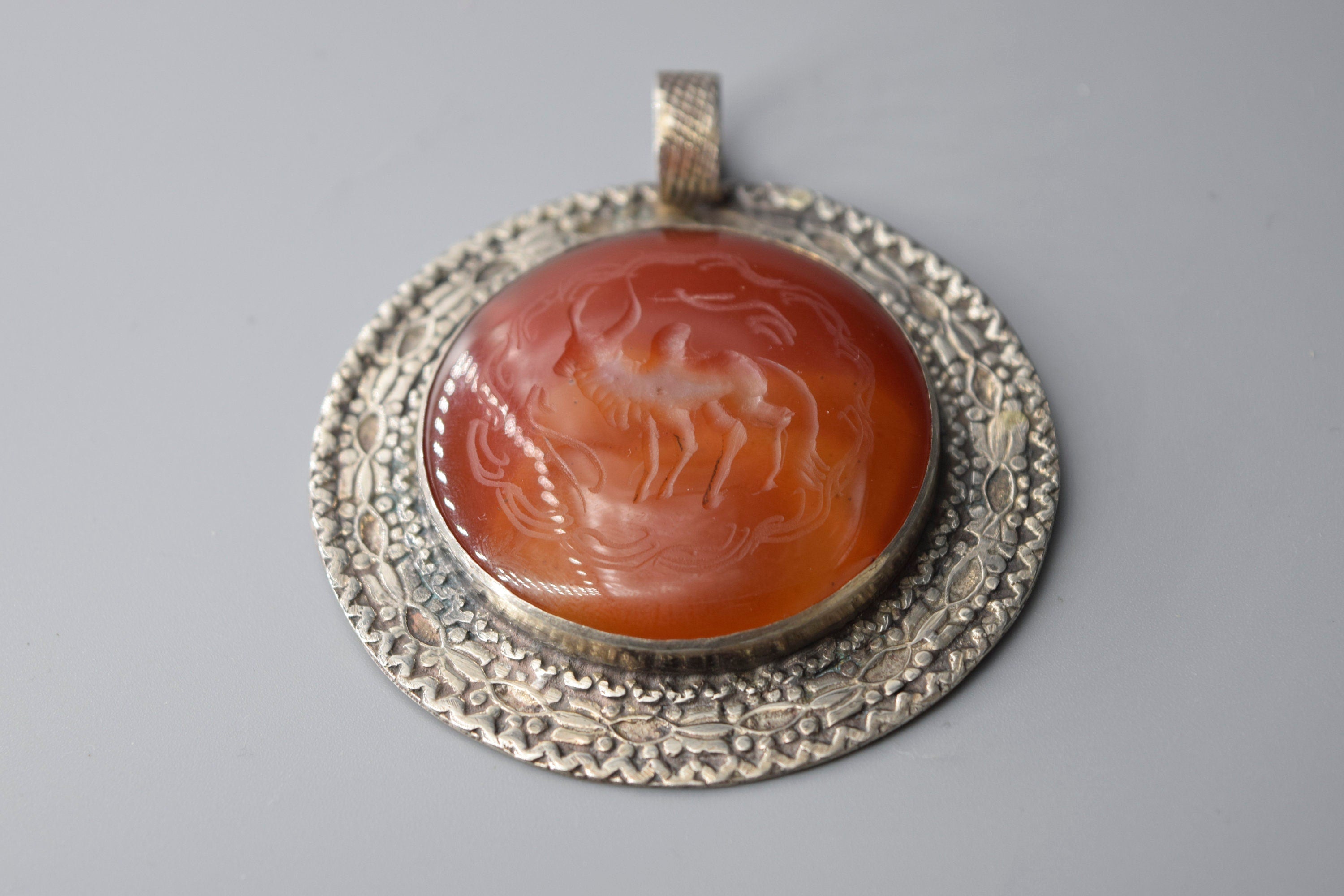 Antique Afghan Carnelian Intaglio in Silver Pendant