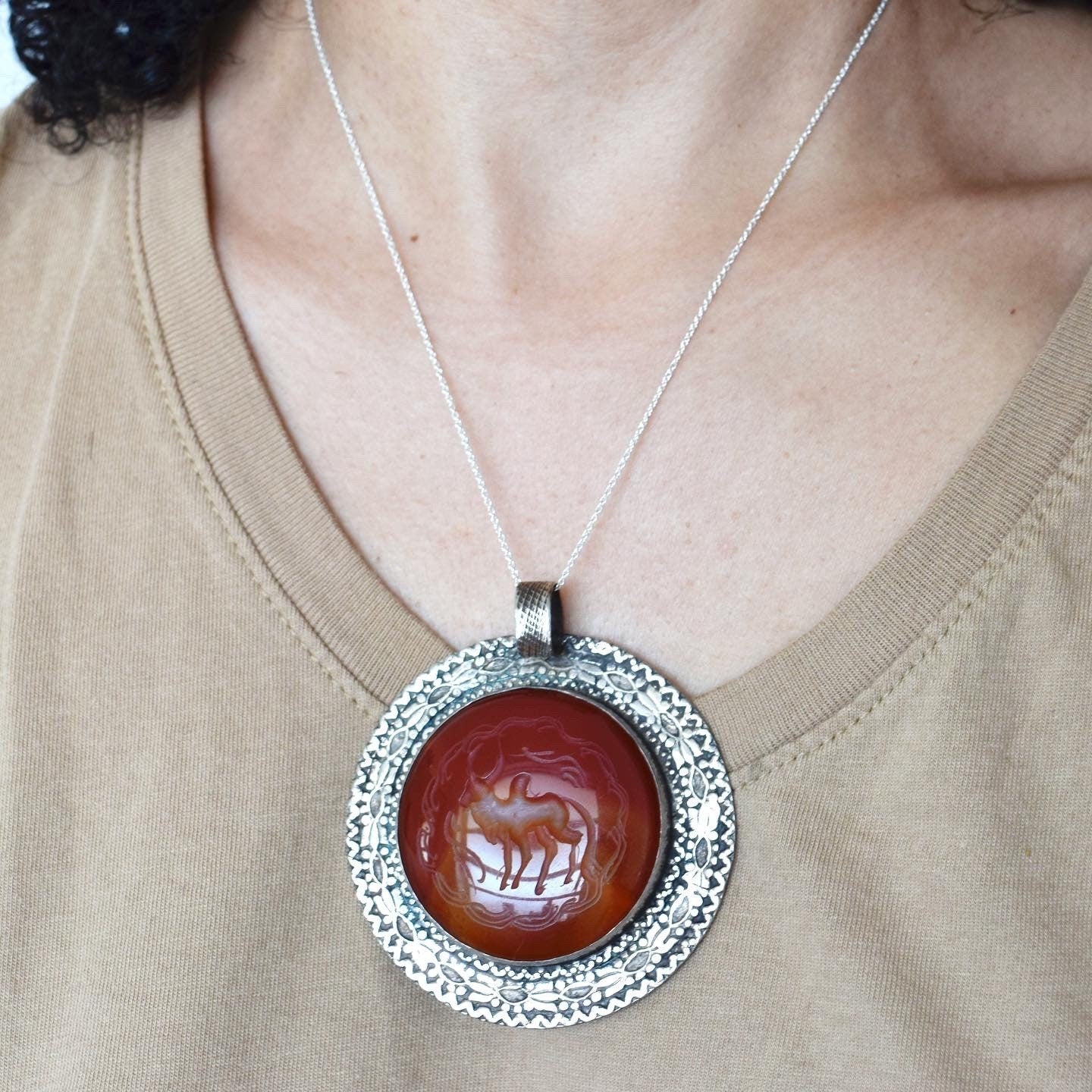Antique Afghan Carnelian Intaglio in Silver Pendant