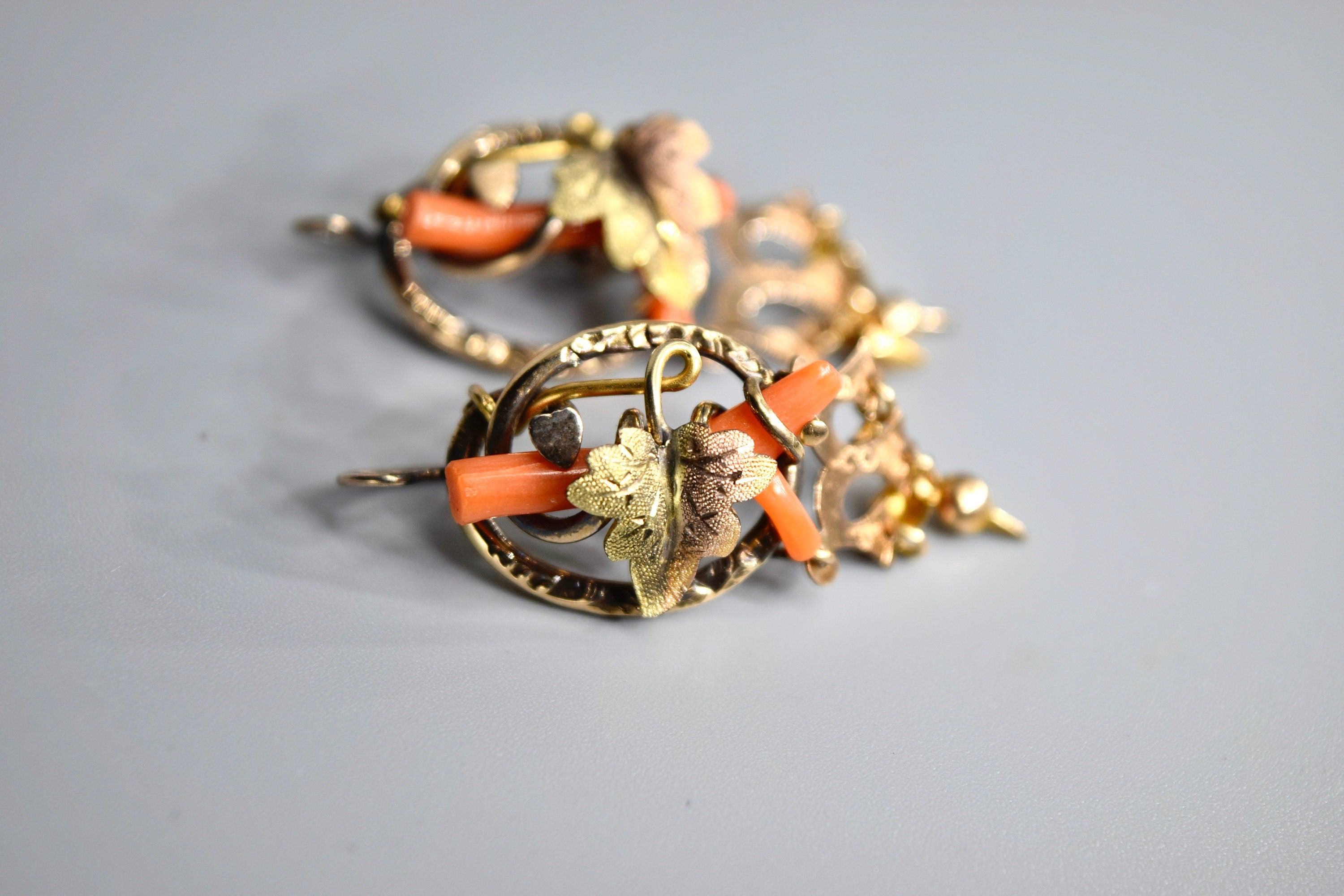 Antique Victorian Coral Earrings Gold Filled Leaf Earrings