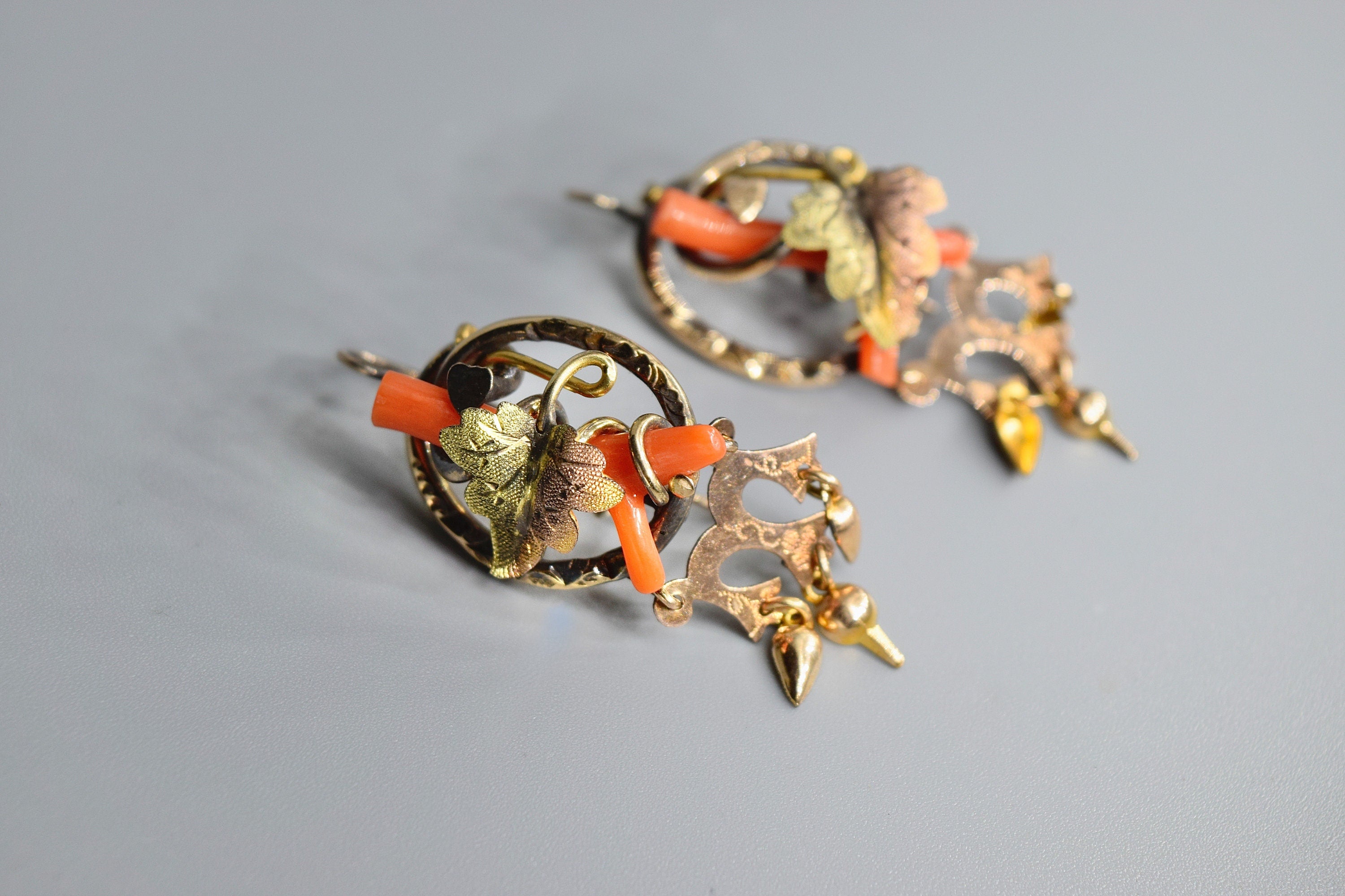 Antique Victorian Coral Earrings Gold Filled Leaf Earrings