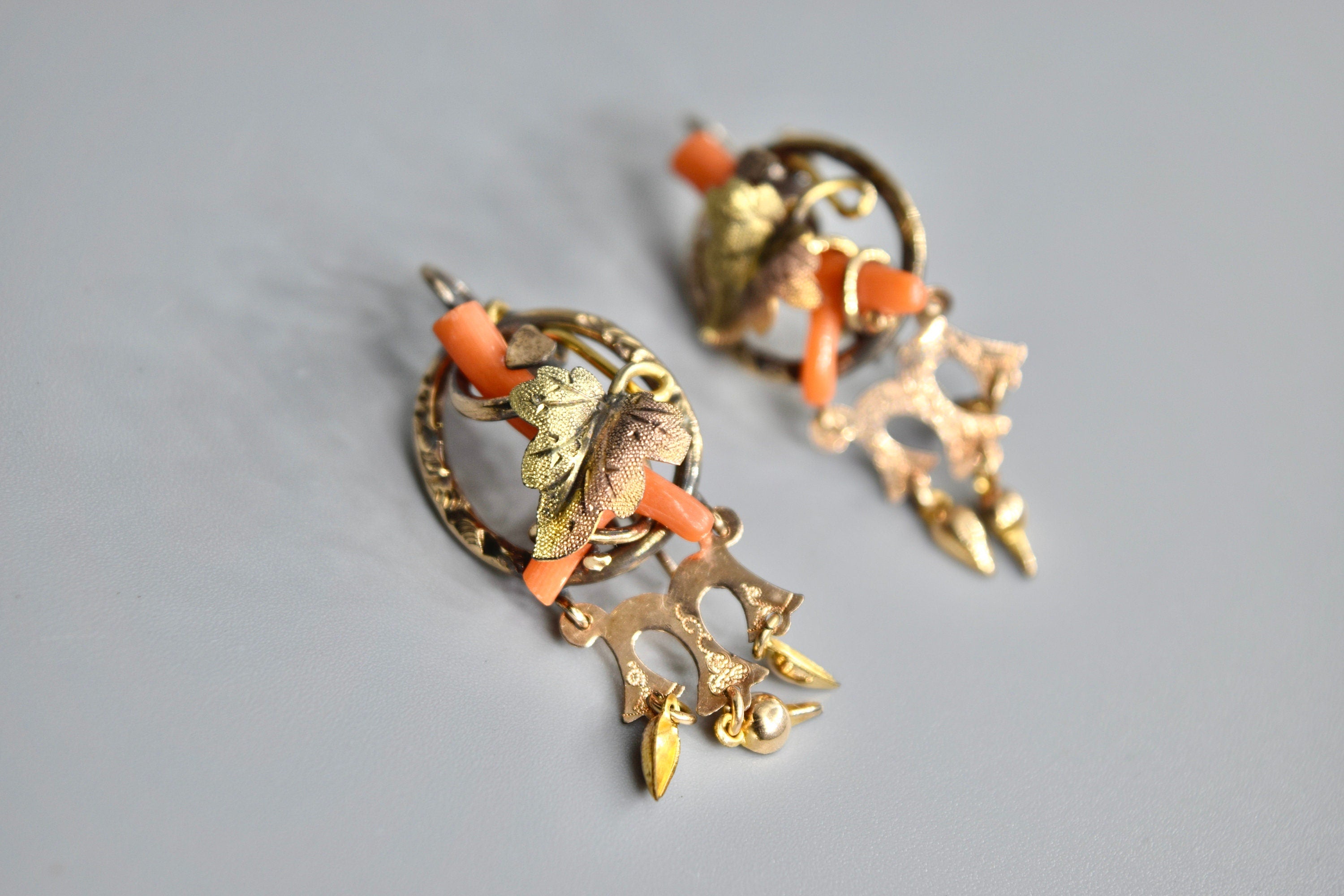 Antique Victorian Coral Earrings Gold Filled Leaf Earrings