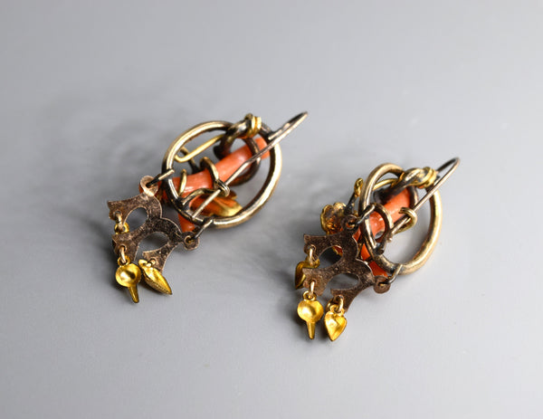 Antique Victorian Coral Earrings Gold Filled Leaf Earrings