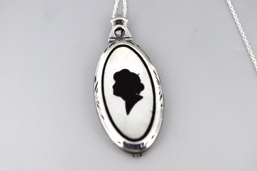 Antique Art Deco Sterling Silver Locket With Enameled Woman’s Profile