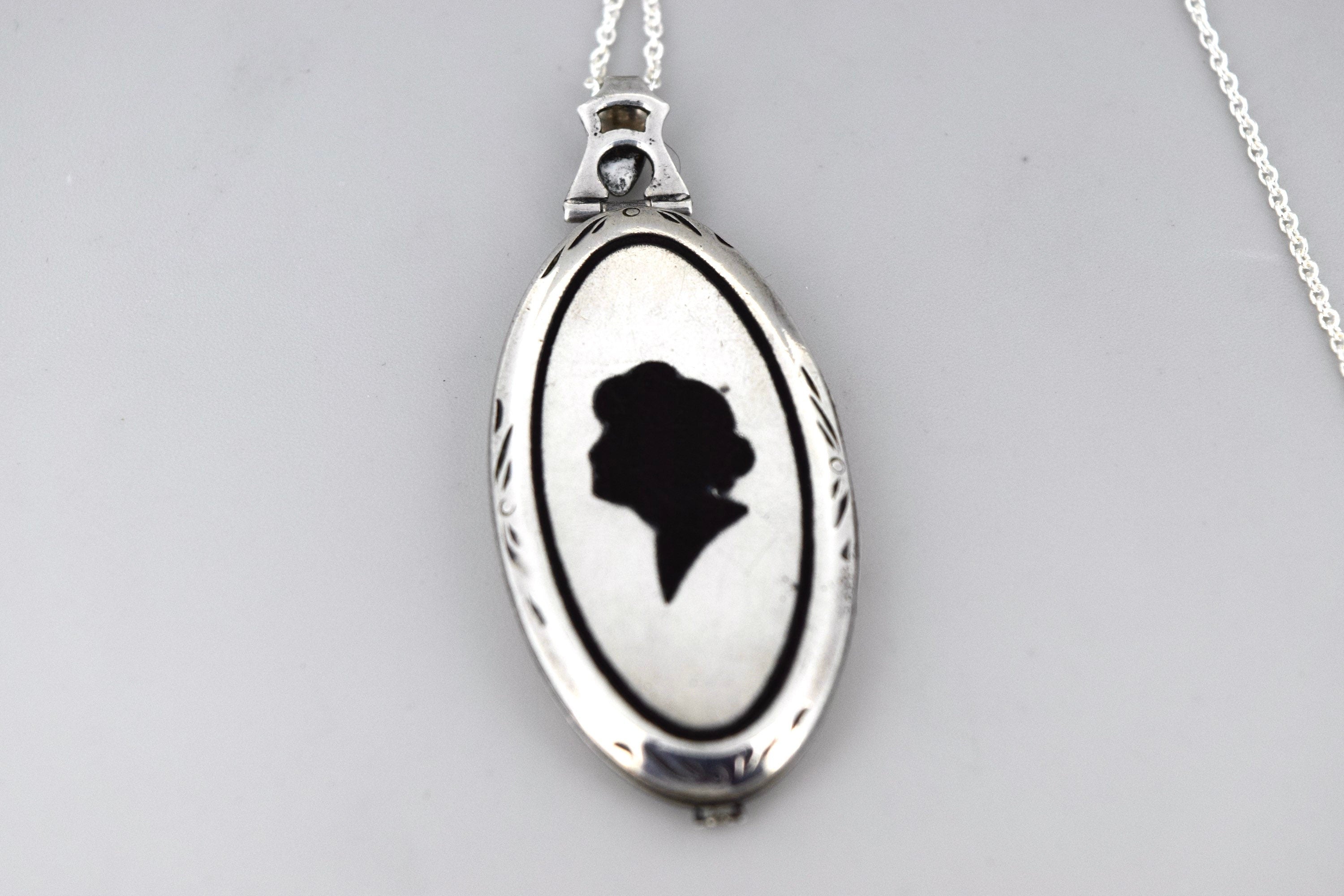 Antique Art Deco Sterling Silver Locket With Enameled Woman’s Profile