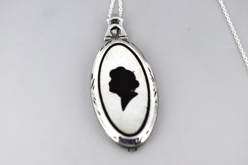 Antique Art Deco Sterling Silver Locket With Enameled Woman’s Profile