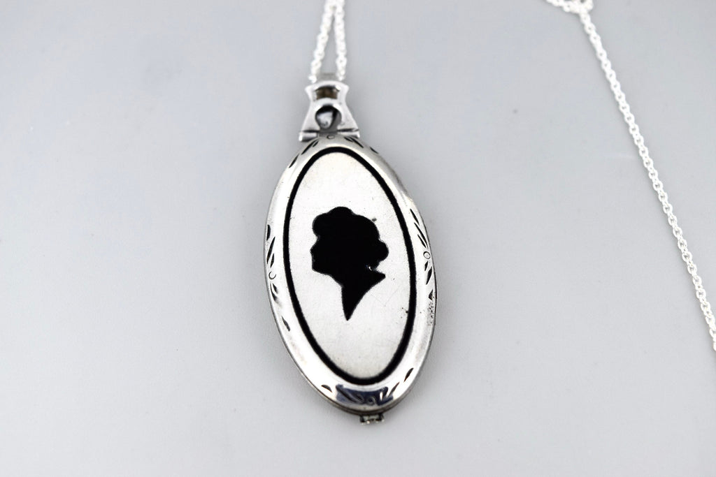 Antique Art Deco Sterling Silver Locket With Enameled Woman’s Profile