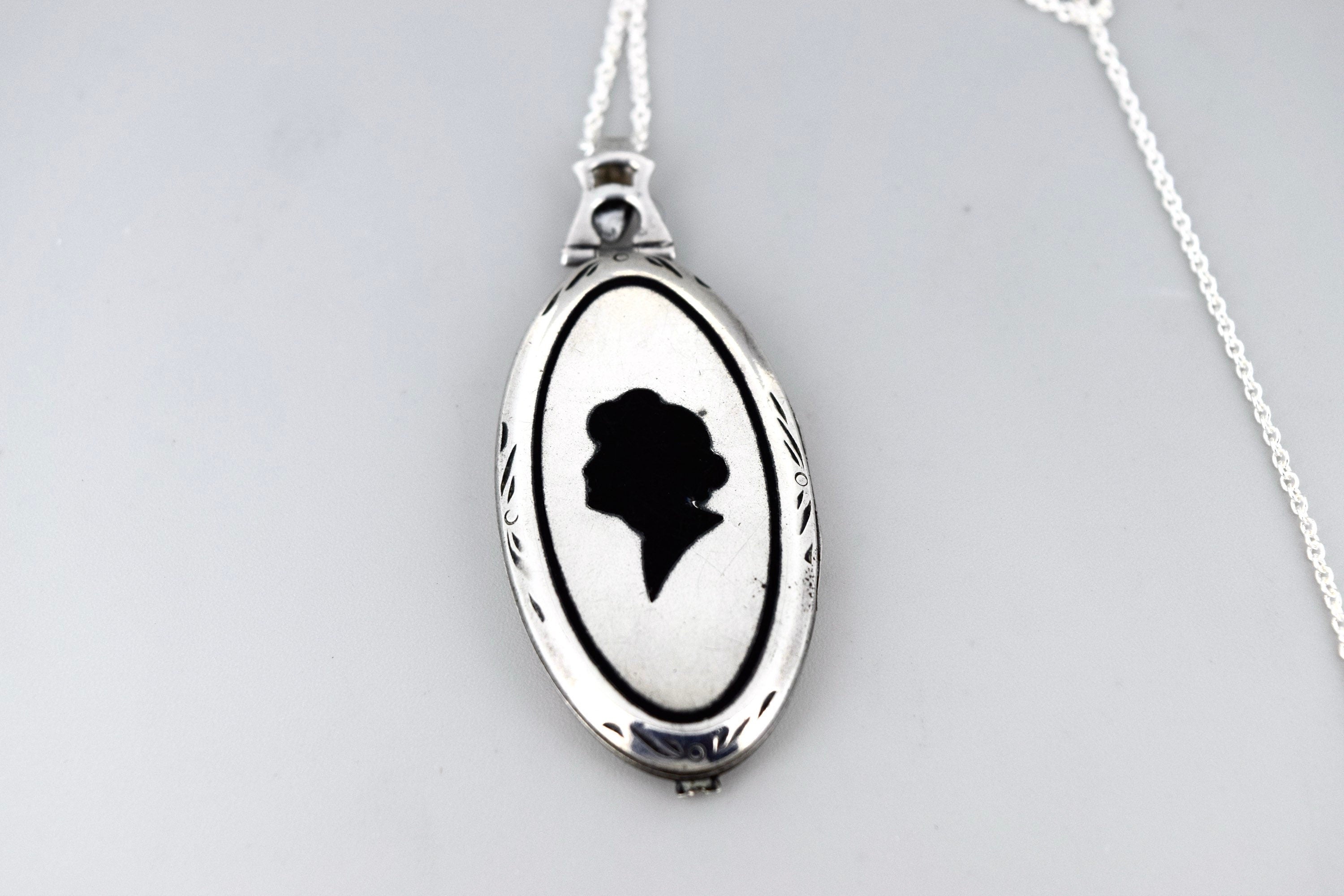 Antique Art Deco Sterling Silver Locket With Enameled Woman’s Profile