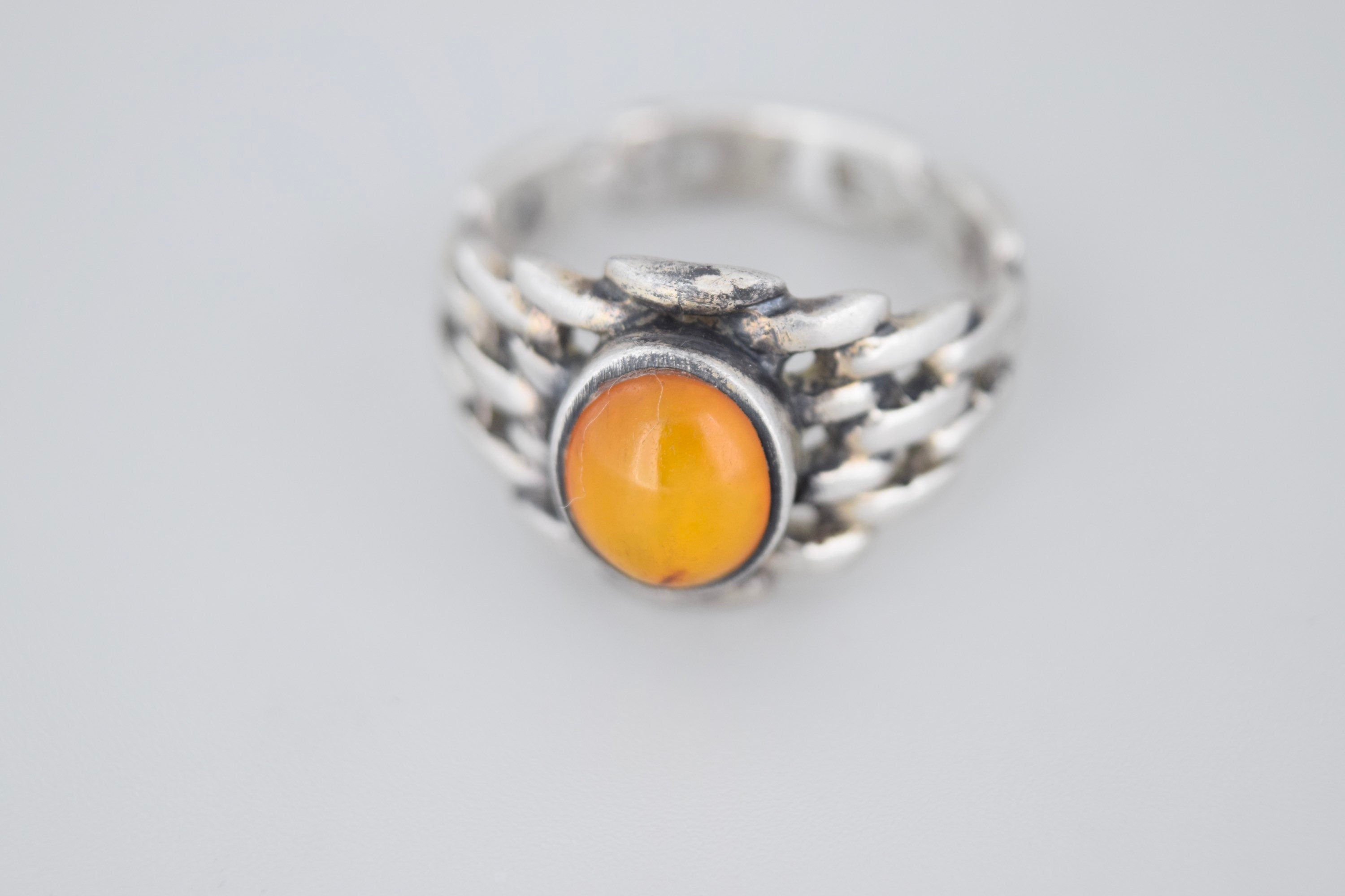 Vintage Amber Sterling Silver Chain Link Ring