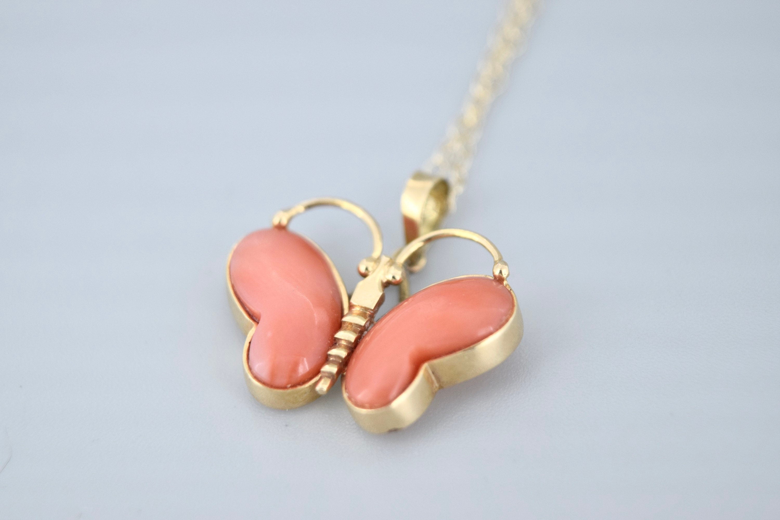 Vintage Butterfly Charm 14k Gold and Coral