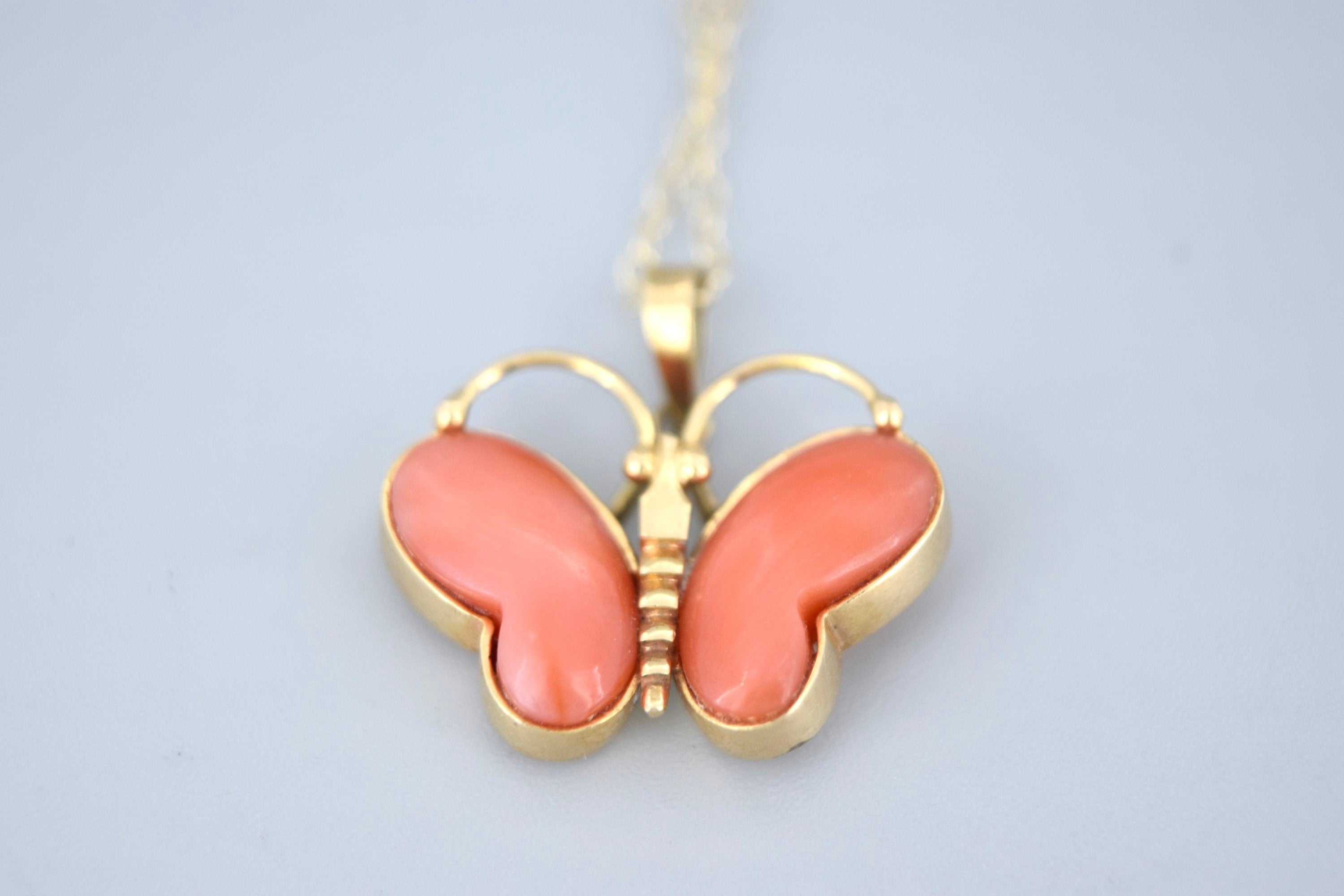 Vintage Butterfly Charm 14k Gold and Coral