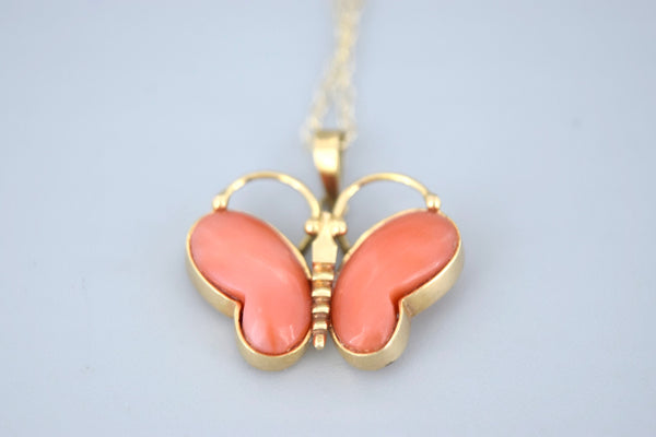 Vintage Butterfly Charm 14k Gold and Coral