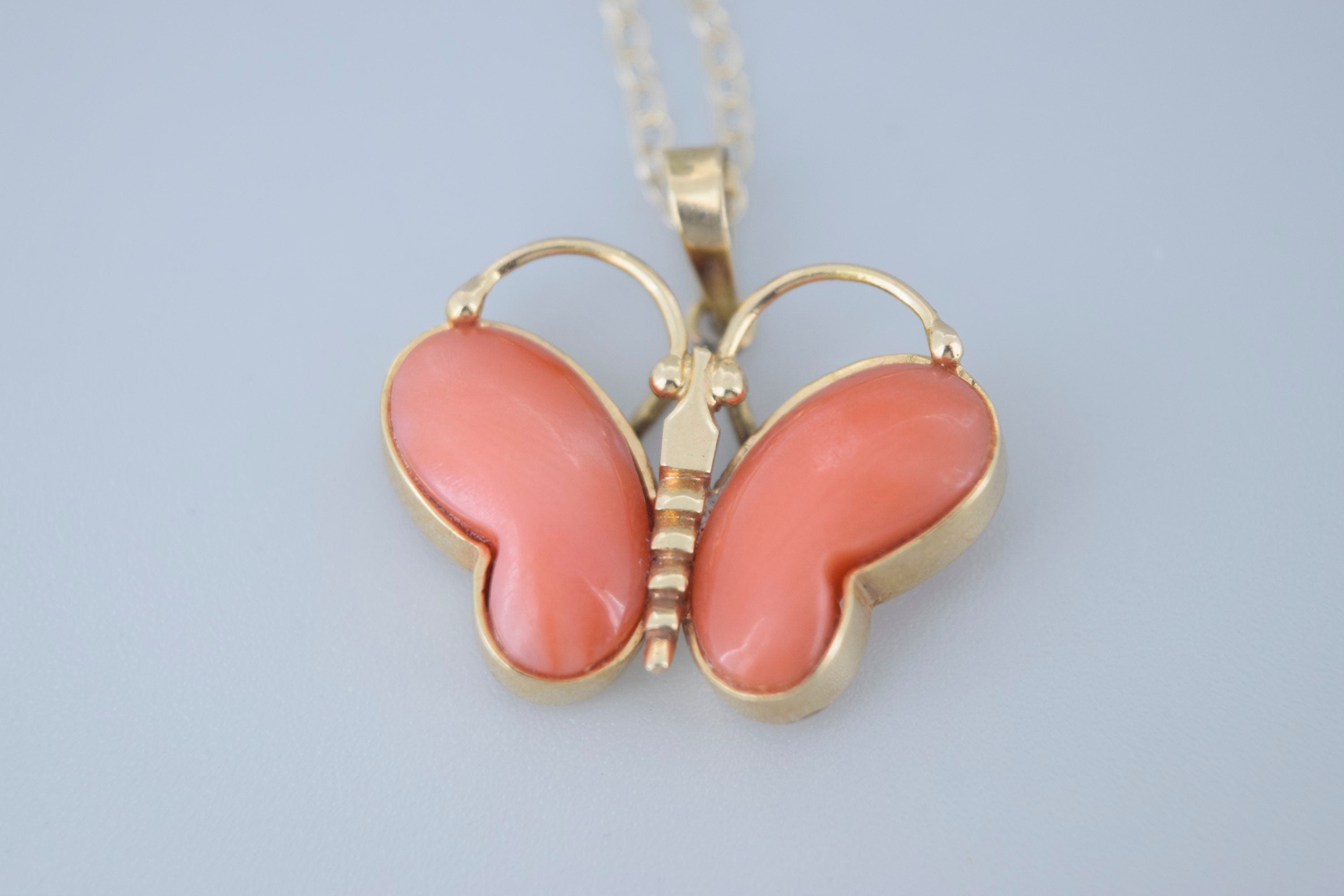 Vintage Butterfly Charm 14k Gold and Coral