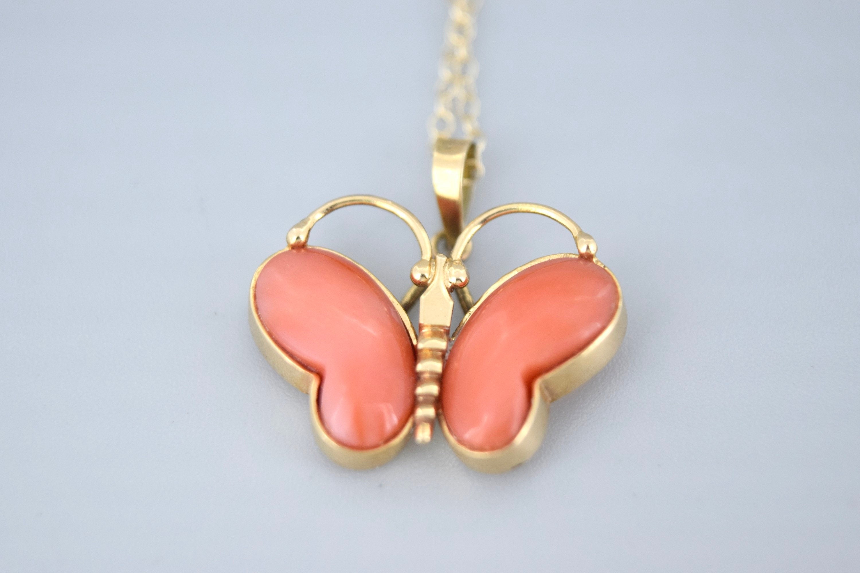 Vintage Butterfly Charm 14k Gold and Coral