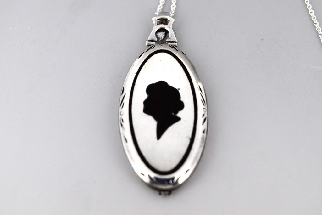Antique Art Deco Sterling Silver Locket With Enameled Woman’s Profile