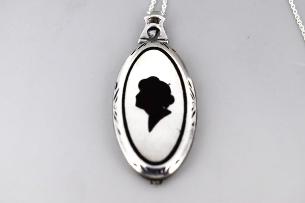 Antique Art Deco Sterling Silver Locket With Enameled Woman’s Profile