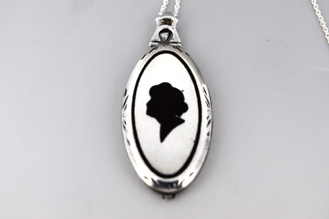 Antique Art Deco Sterling Silver Locket With Enameled Woman’s Profile