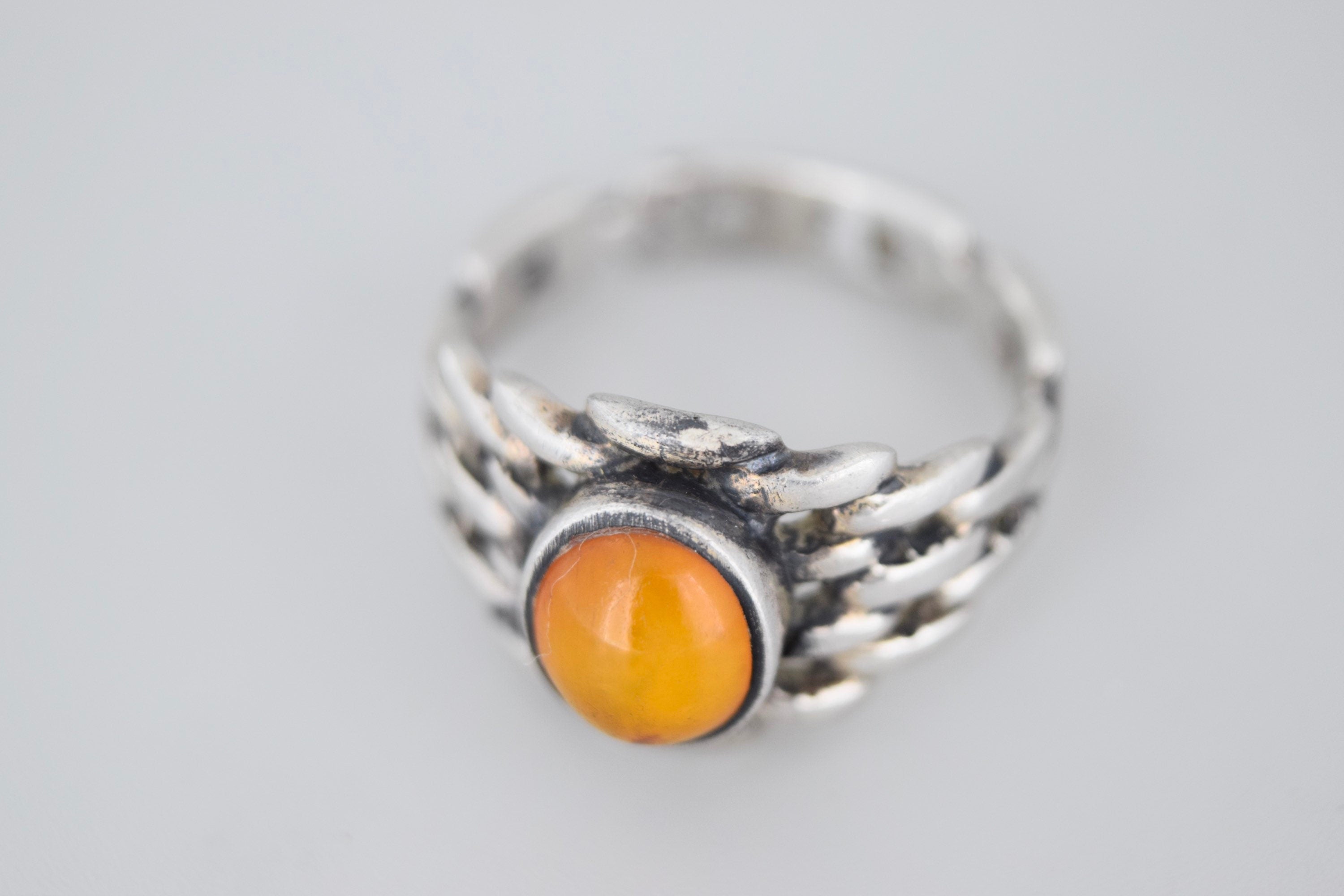 Vintage Amber Sterling Silver Chain Link Ring