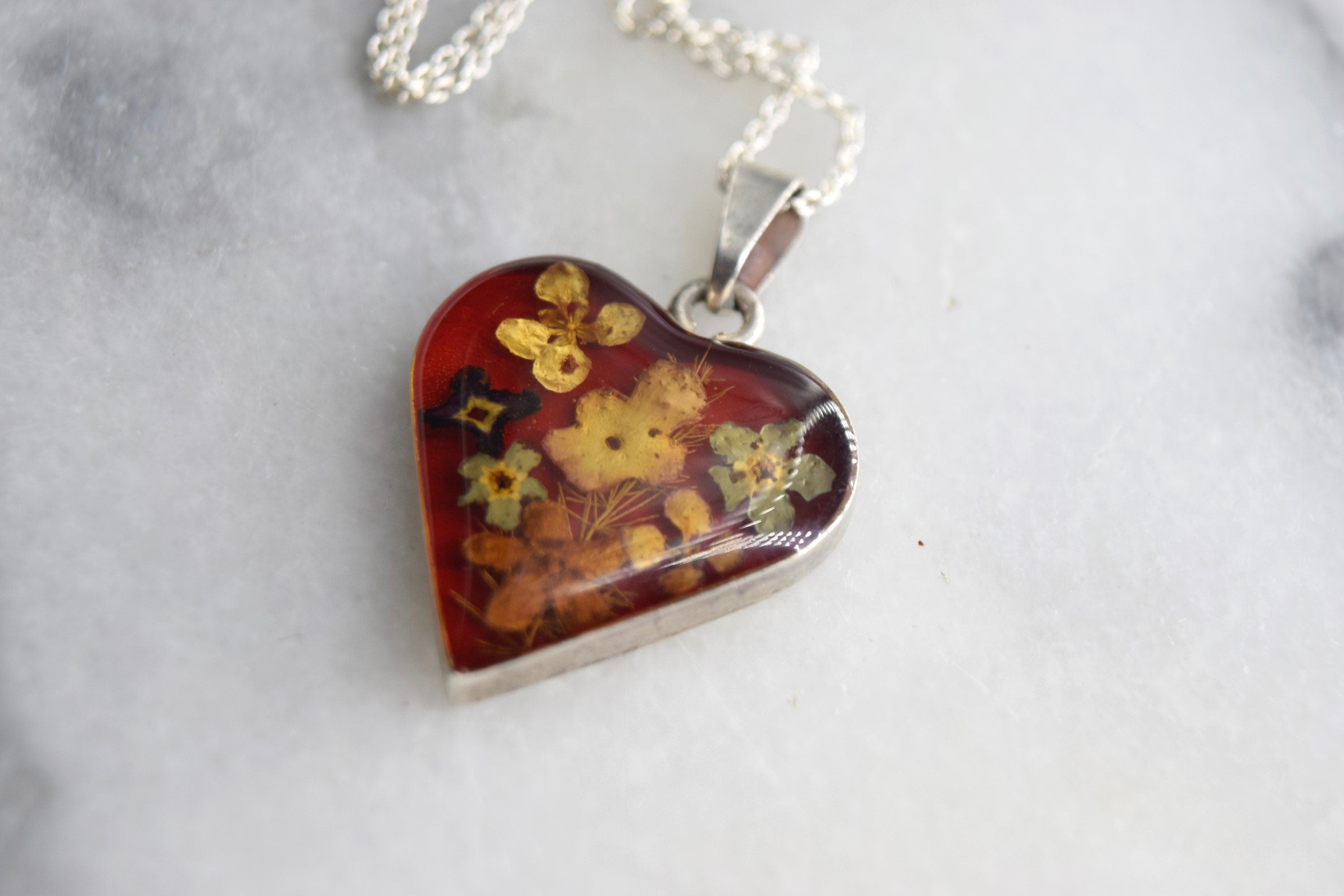 Vintage Sterling Silver Pressed Flower Heart Charm c.1990s