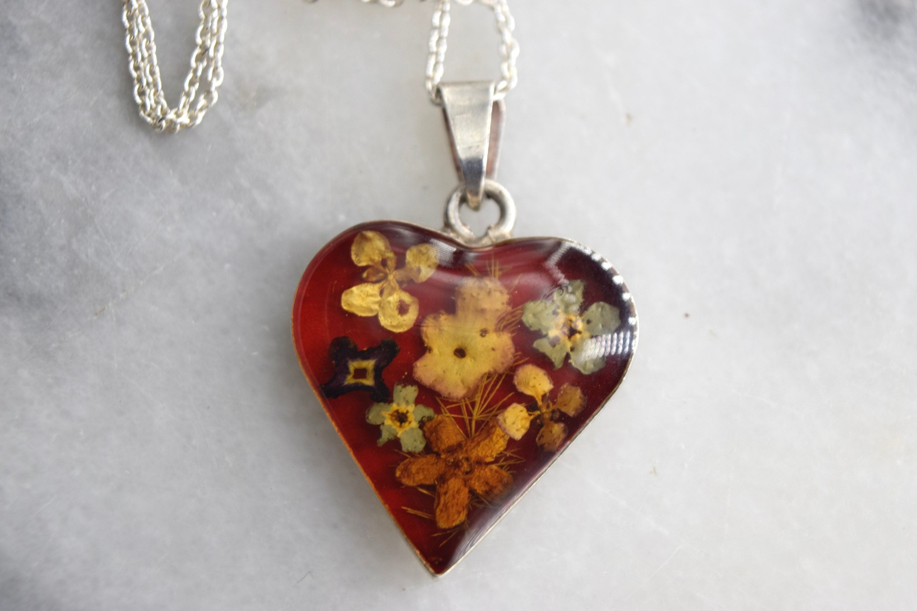 Vintage Sterling Silver Pressed Flower Heart Charm c.1990s