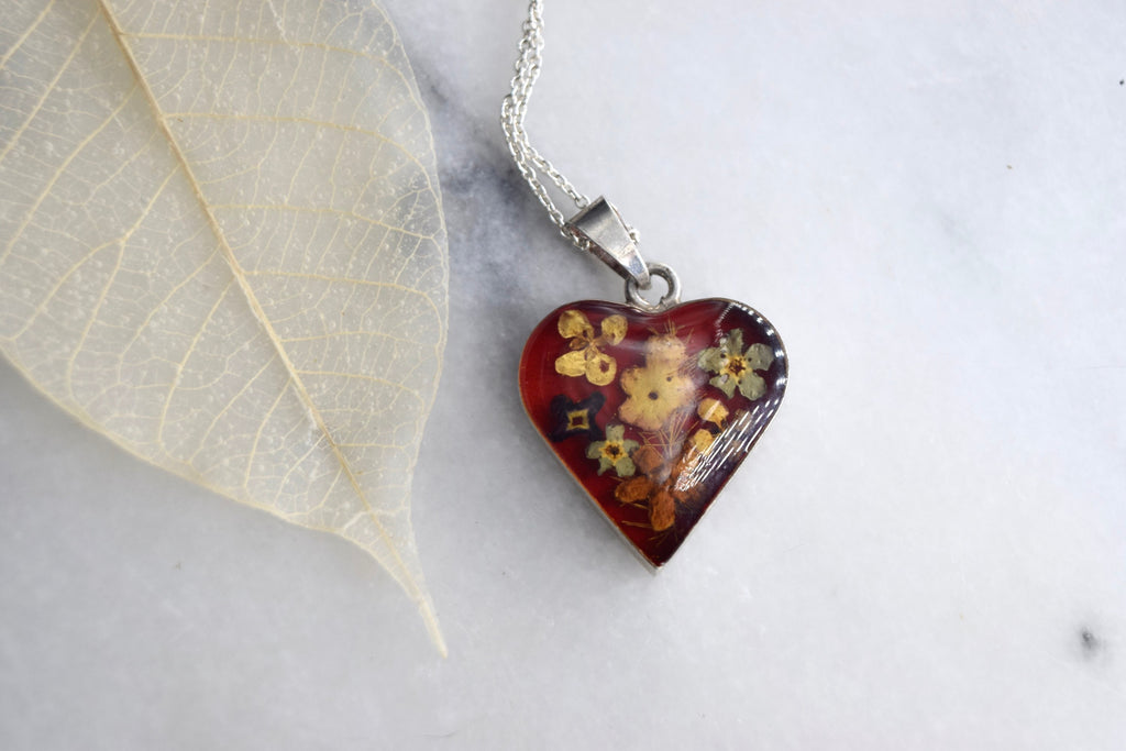 Vintage Sterling Silver Pressed Flower Heart Charm c.1990s