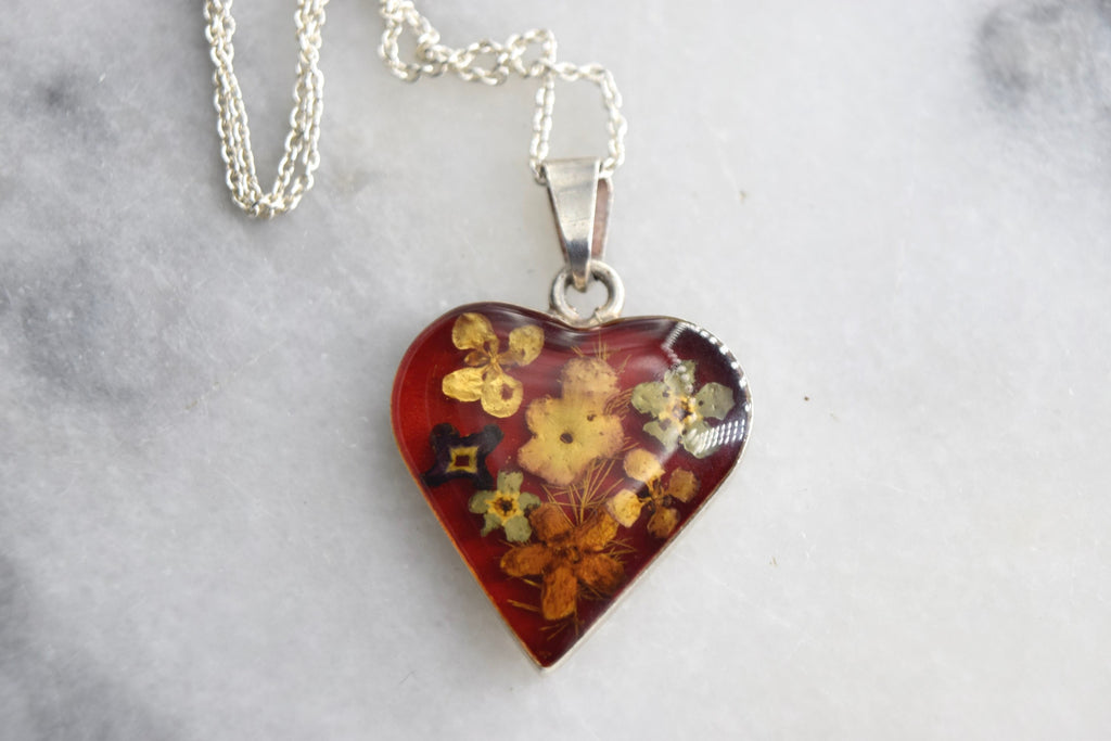 Vintage Sterling Silver Pressed Flower Heart Charm c.1990s