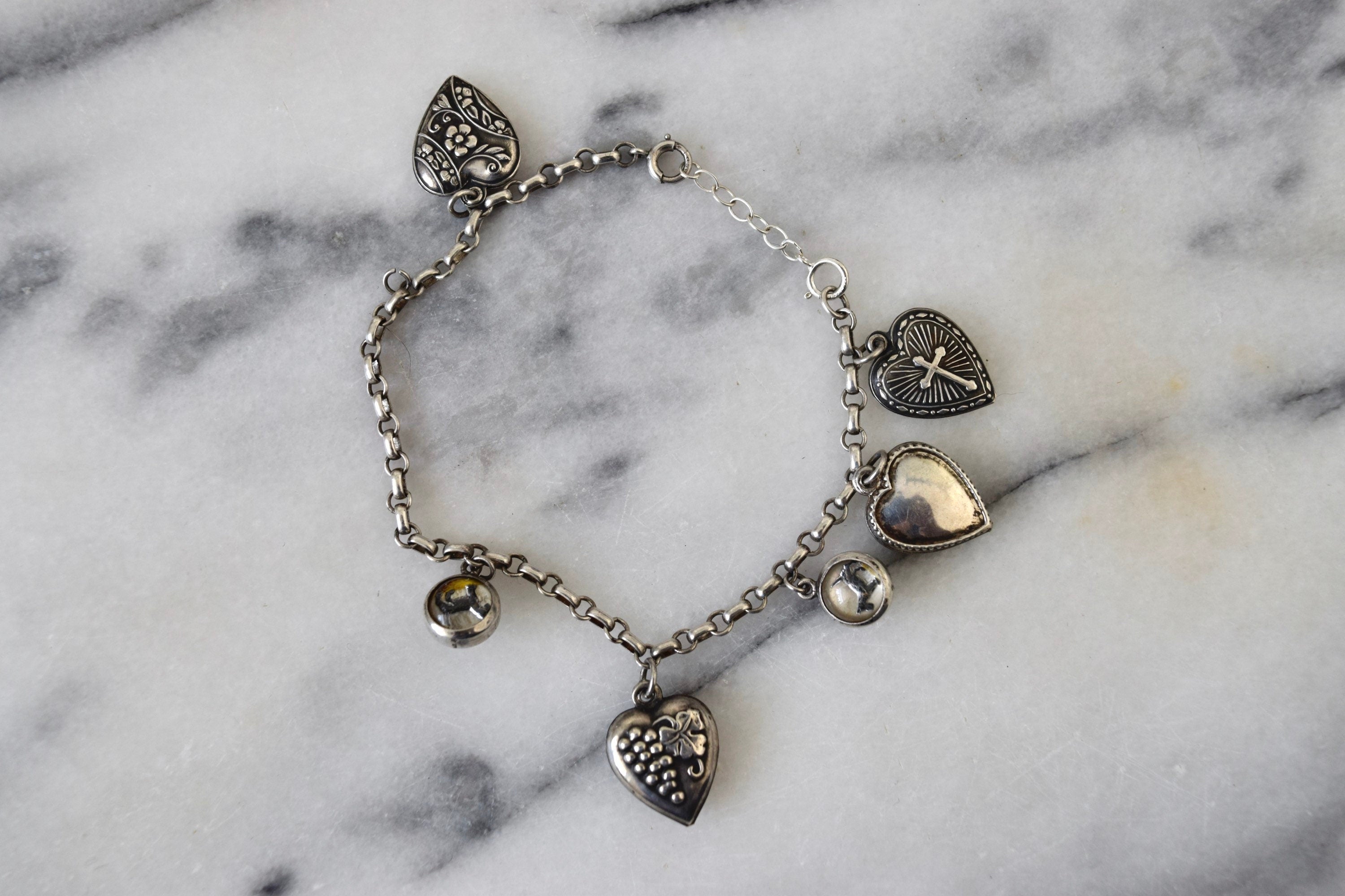 Antique Victorian Sterling Silver Charm Bracelet With Essex Crystal Animal Charms