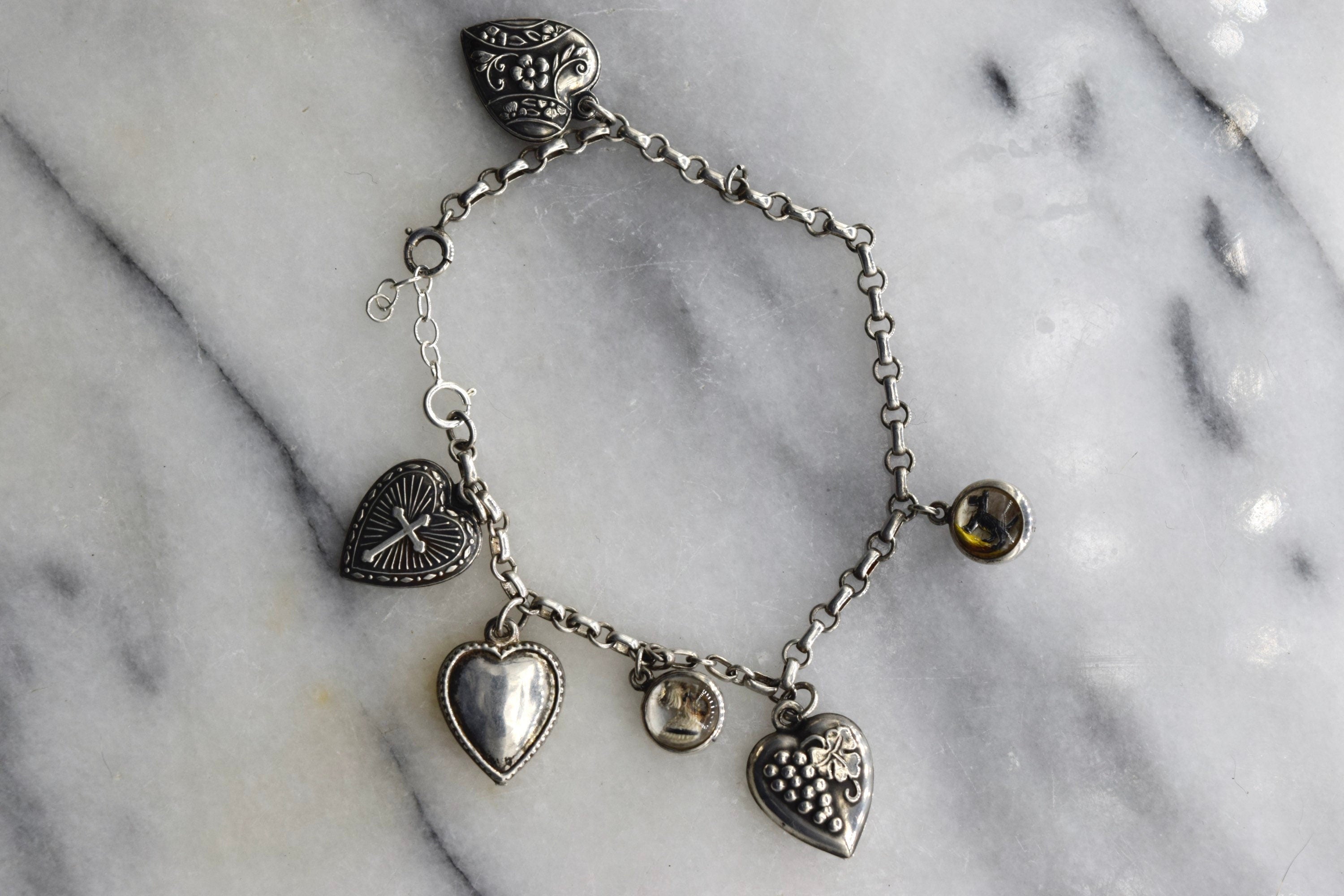 Antique Victorian Sterling Silver Charm Bracelet With Essex Crystal Animal Charms