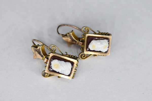 Antique Gold Filled Earrings with Carved Stone Cameo
