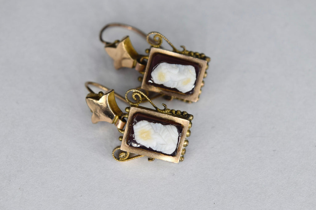 Antique Gold Filled Earrings with Carved Stone Cameo