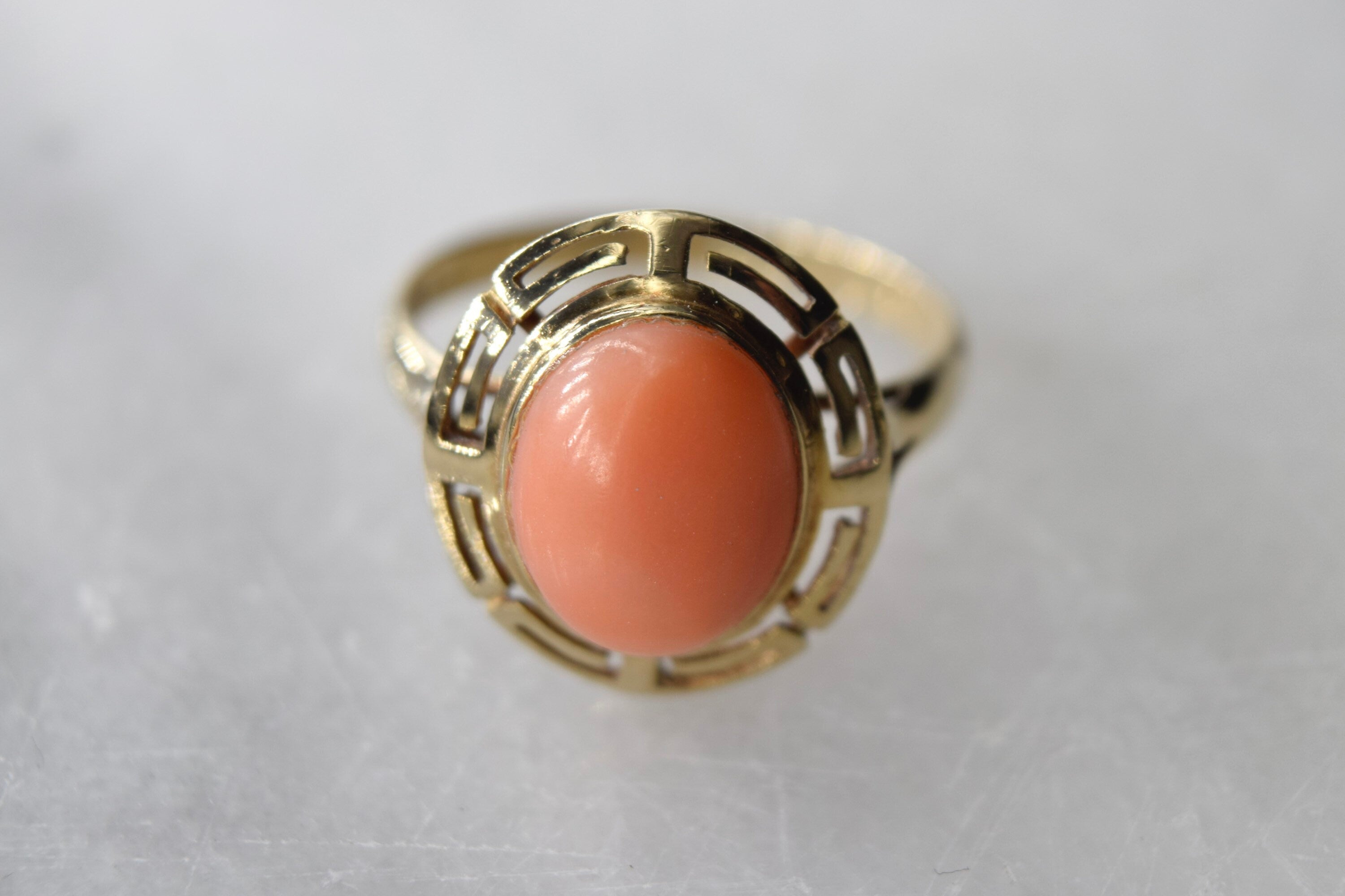 Vintage 14k Gold Greek Key Coral Ring c.1960s