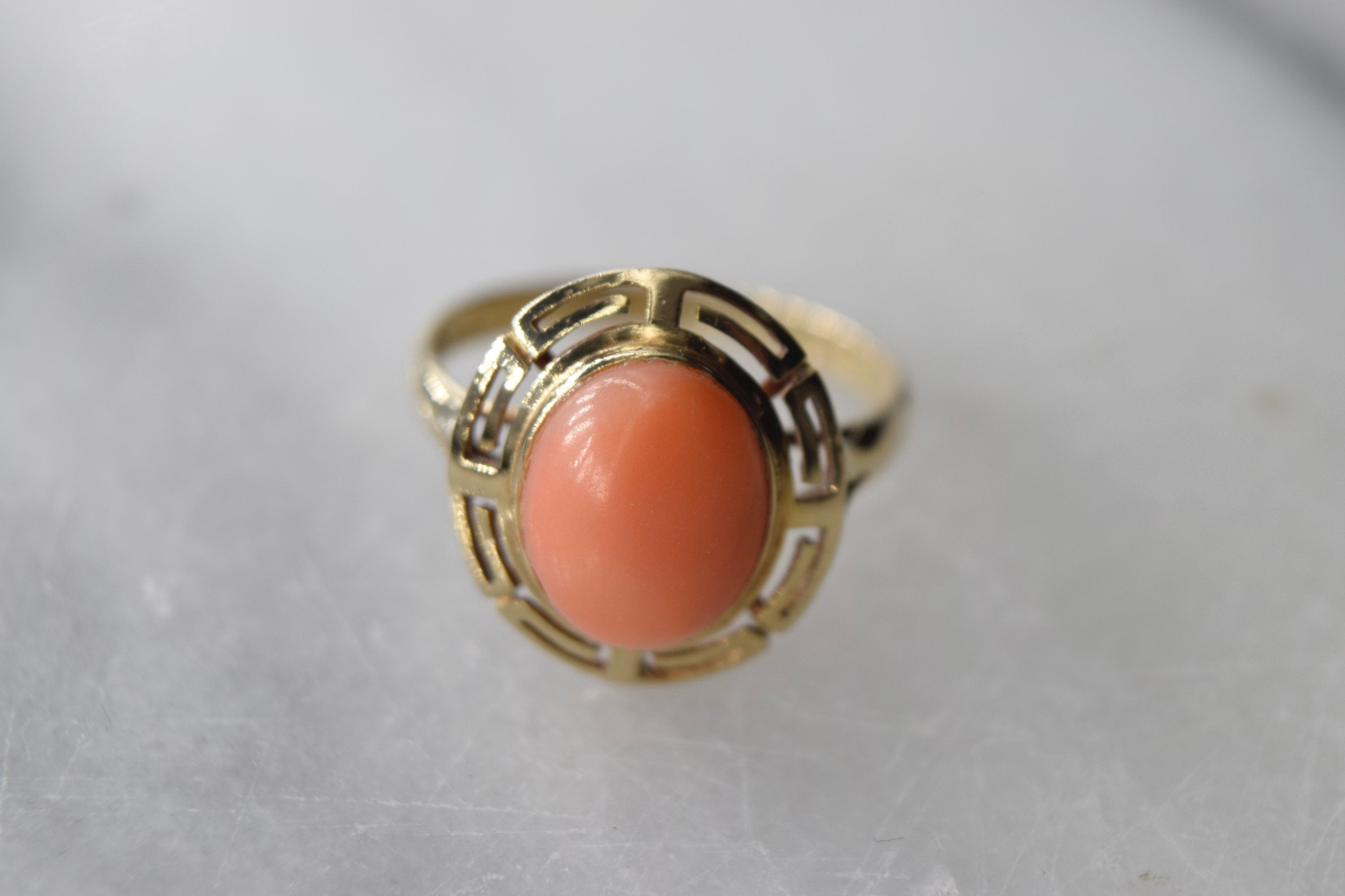 Vintage 14k Gold Greek Key Coral Ring c.1960s
