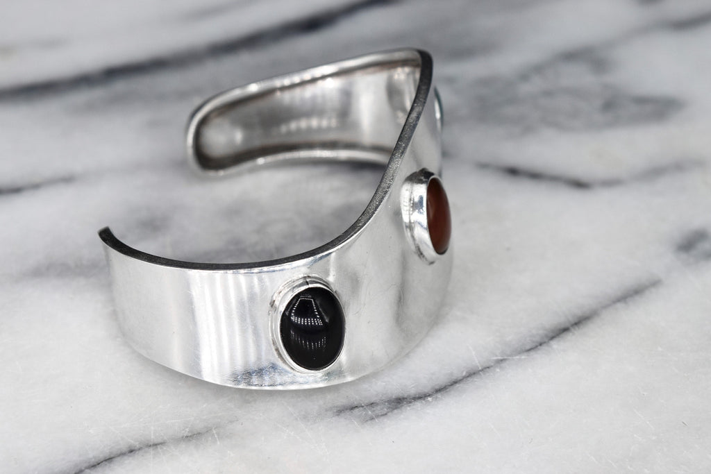 Vintage Mexican Sterling Silver Space Age Cuff Bracelet with Onyx, Carnelian, and Green Onyx
