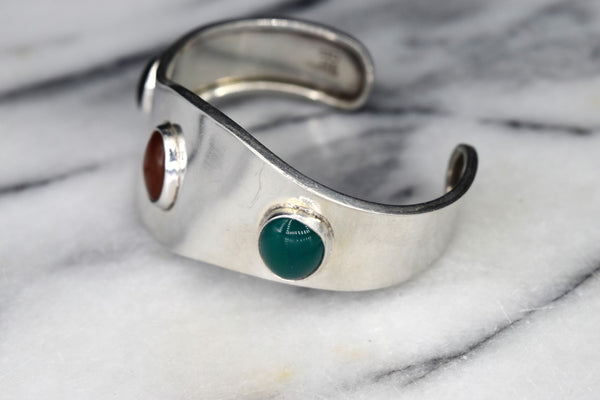 Vintage Mexican Sterling Silver Space Age Cuff Bracelet with Onyx, Carnelian, and Chrysoprase