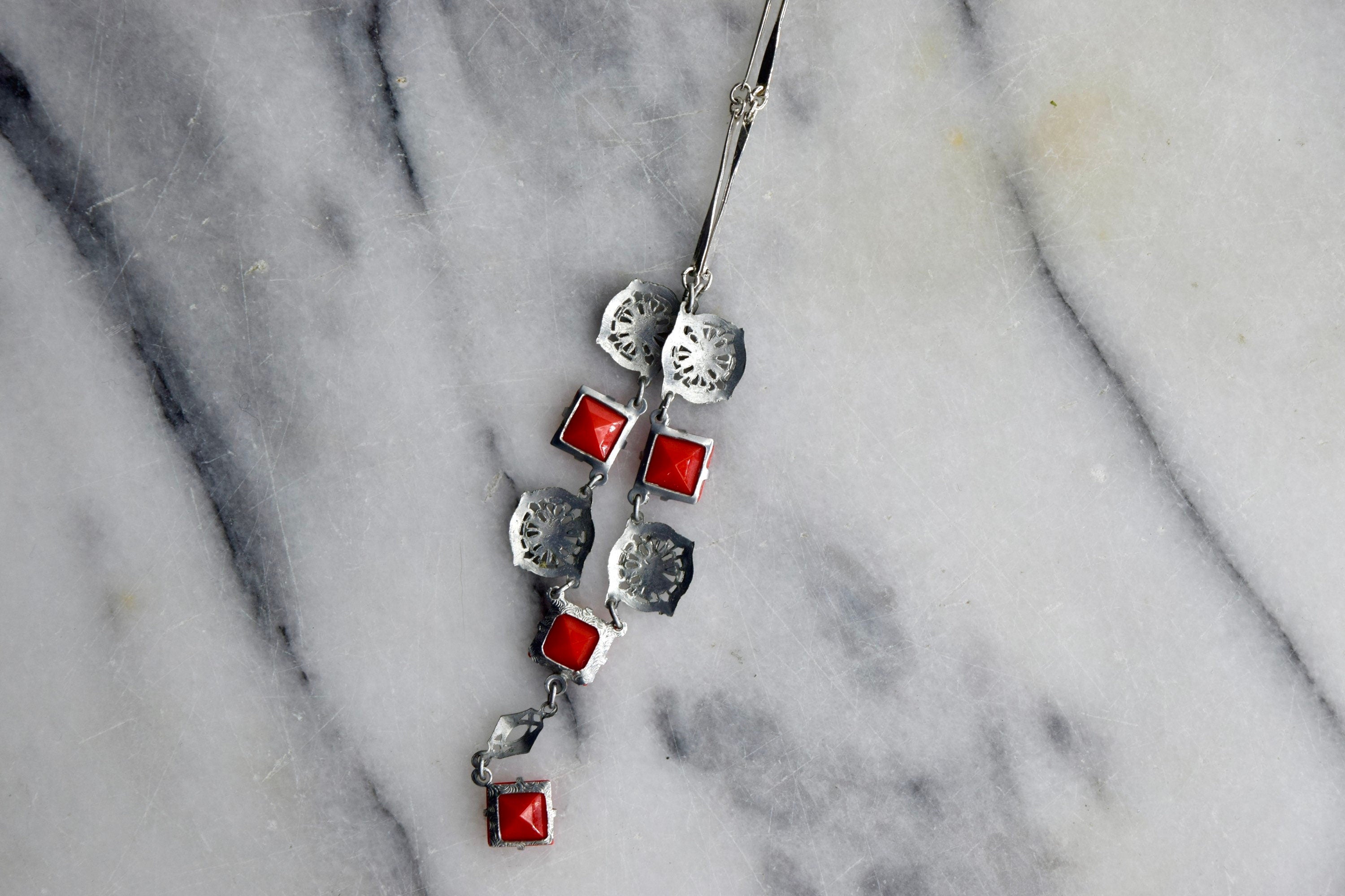 Antique Art Deco Filigree Necklace with Red Stones