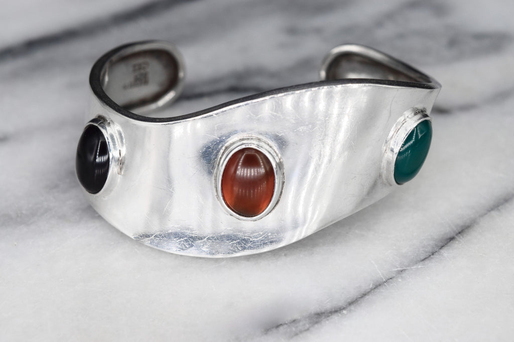 Vintage Mexican Sterling Silver Space Age Cuff Bracelet with Onyx, Carnelian, and Green Onyx