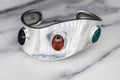 Vintage Mexican Sterling Silver Space Age Cuff Bracelet with Onyx, Carnelian, and Green Onyx