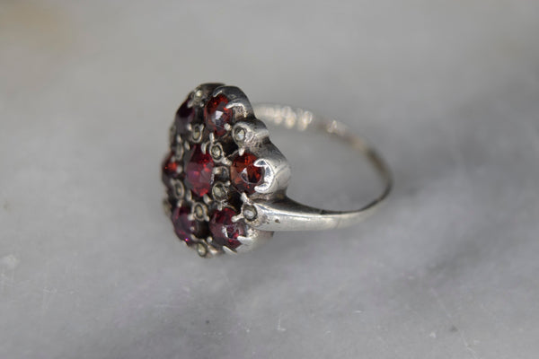 Antique Garnet And Marcasite Silver Ring c.1920s