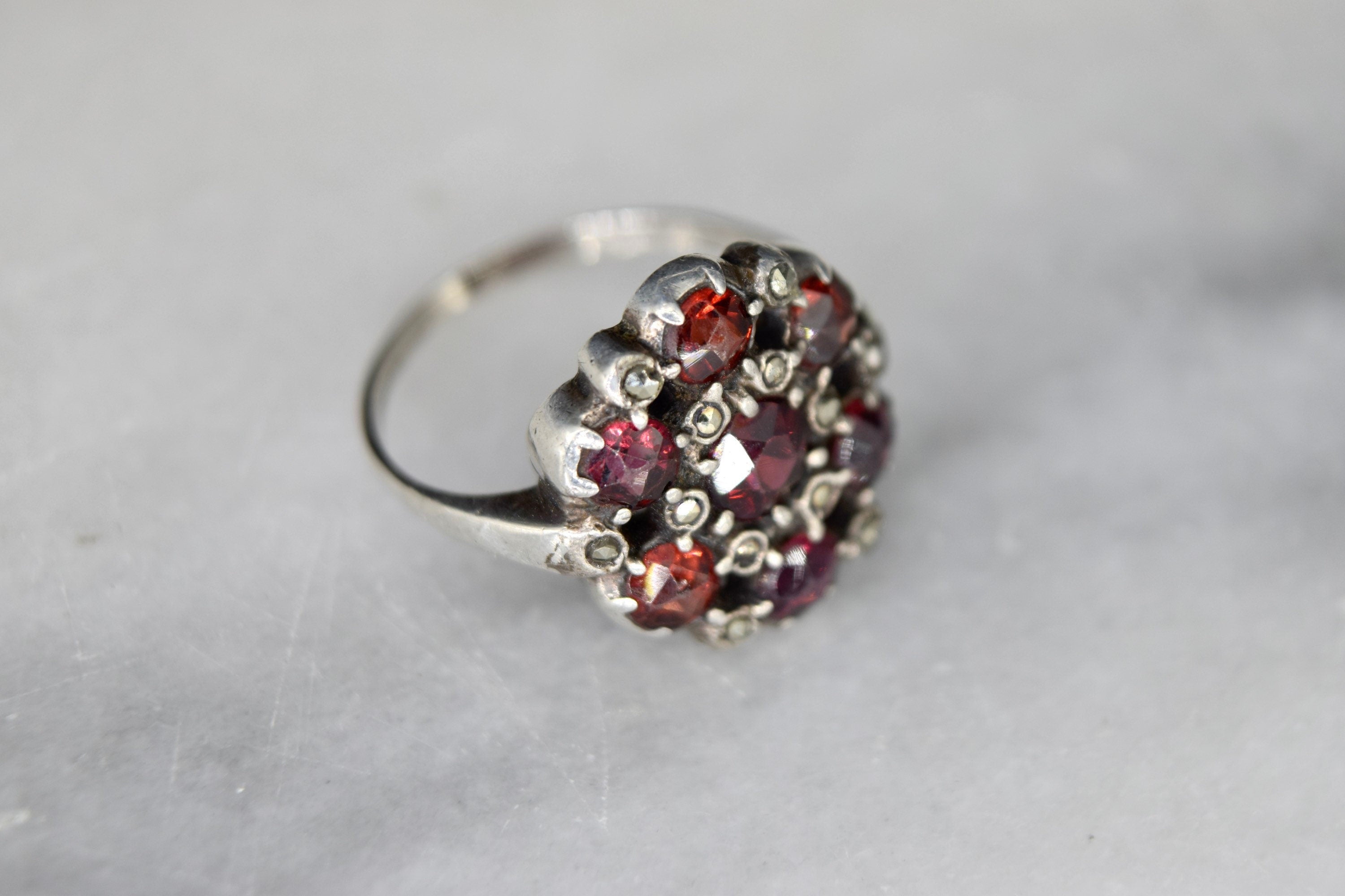 Antique Garnet And Marcasite Silver Ring c.1920s