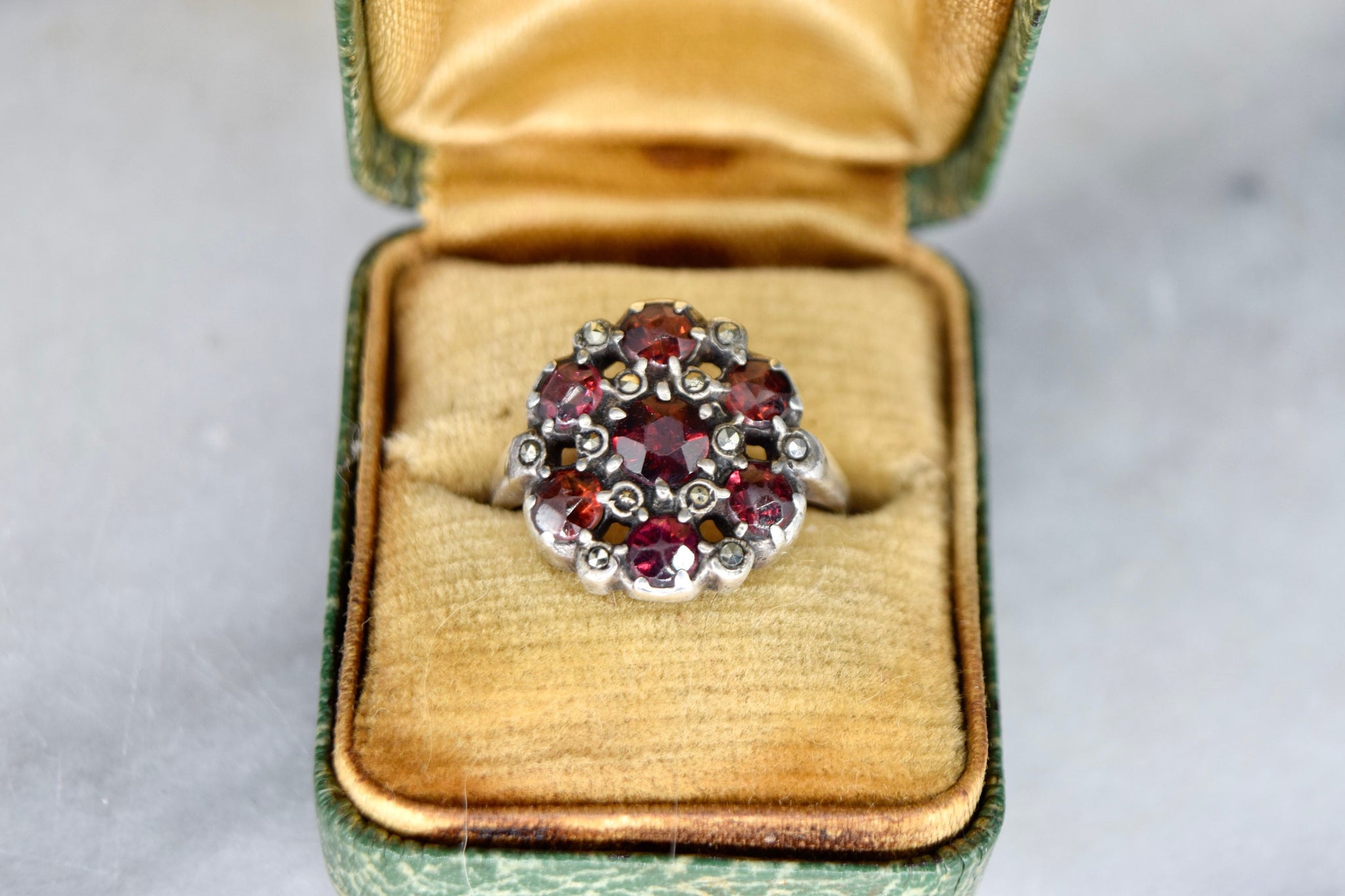 Antique Garnet And Marcasite Silver Ring c.1920s