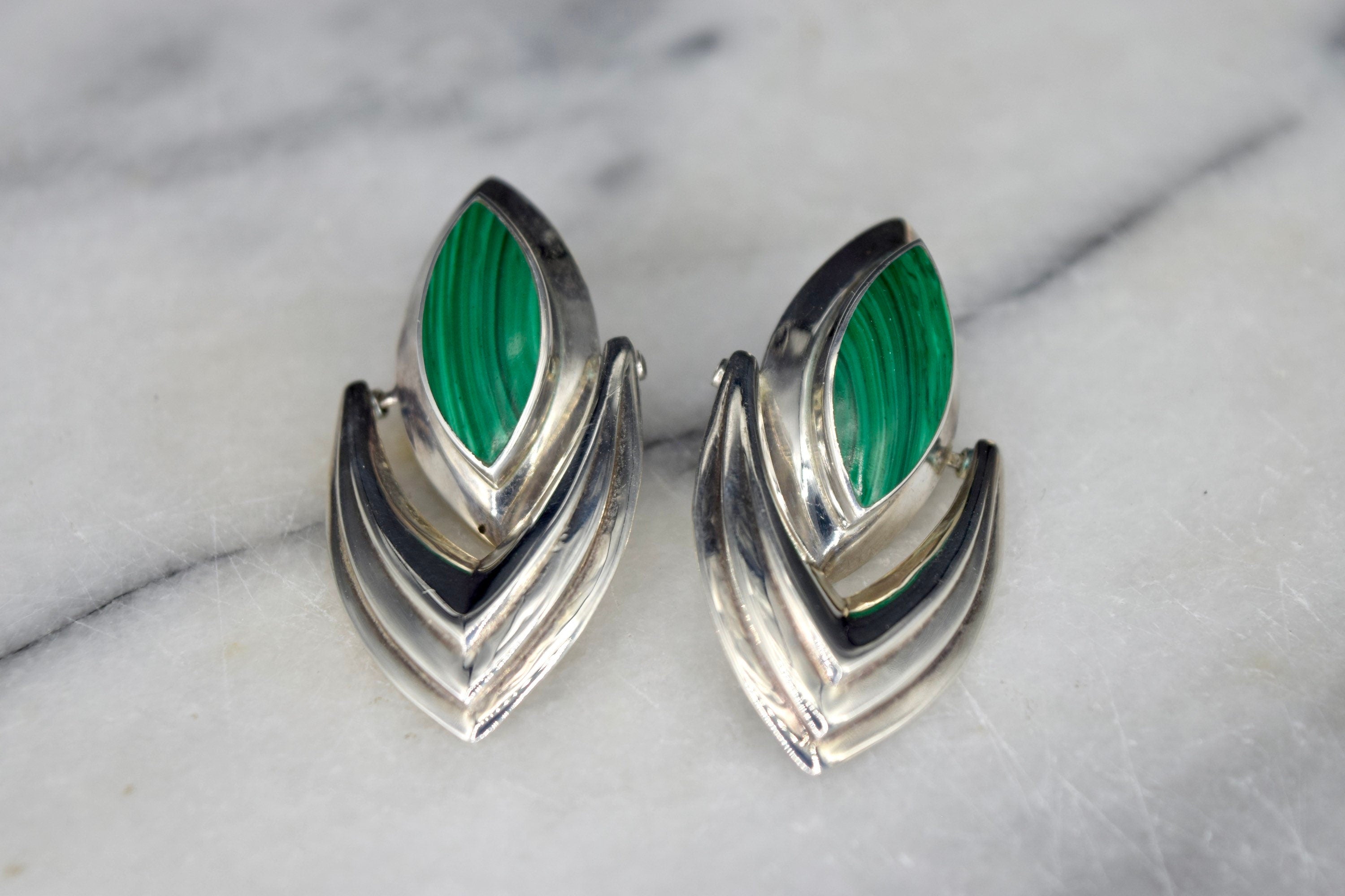 Vintage Sterling Silver and Malachite Earrings