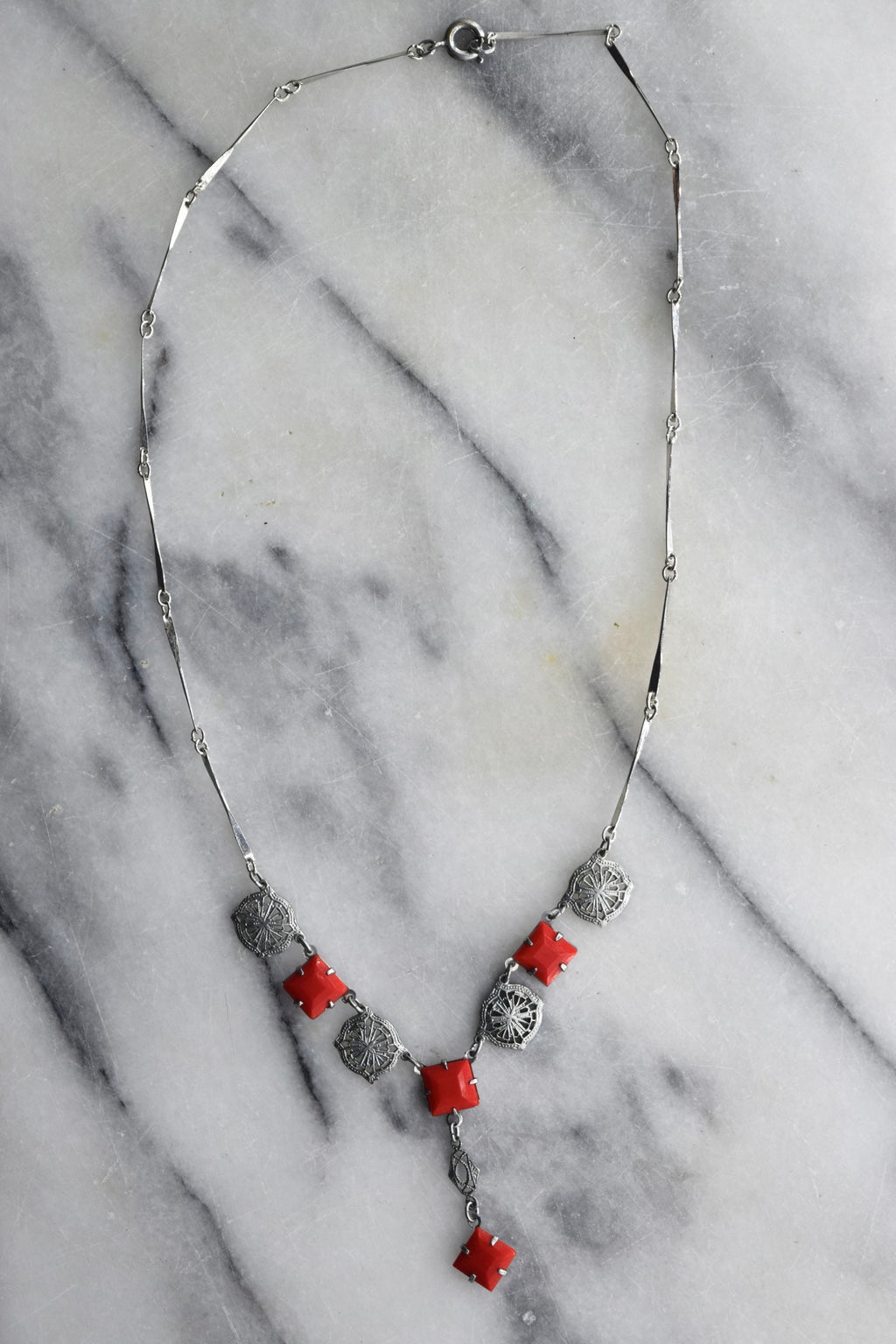 Antique Art Deco Filigree Necklace with Red Stones