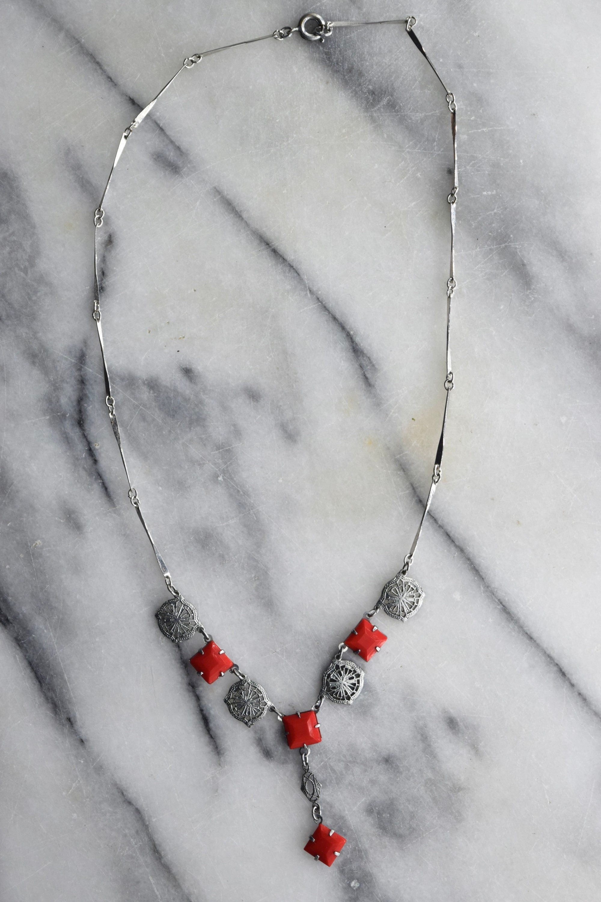 Antique Art Deco Filigree Necklace with Red Stones