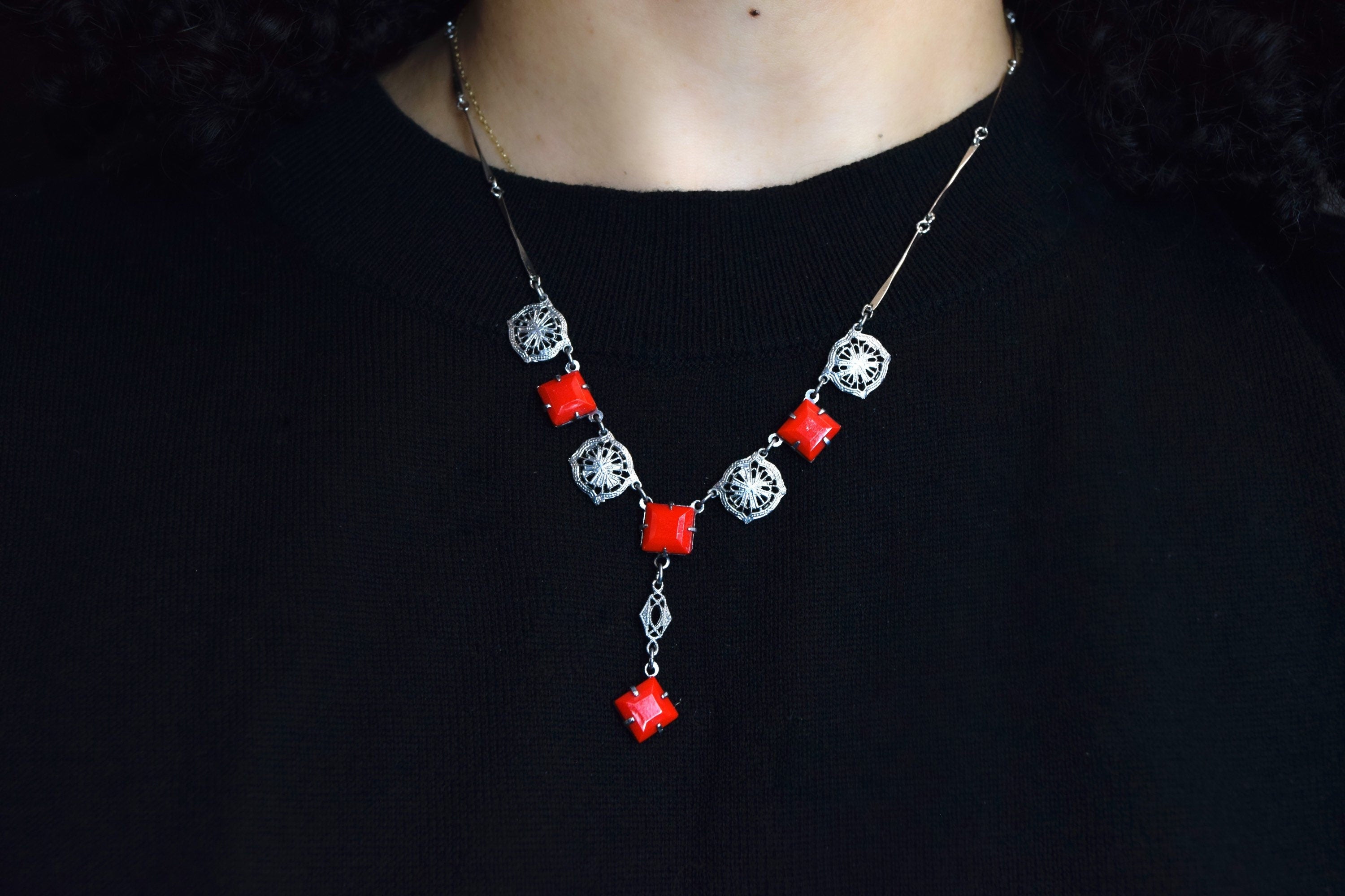 Antique Art Deco Filigree Necklace with Red Stones