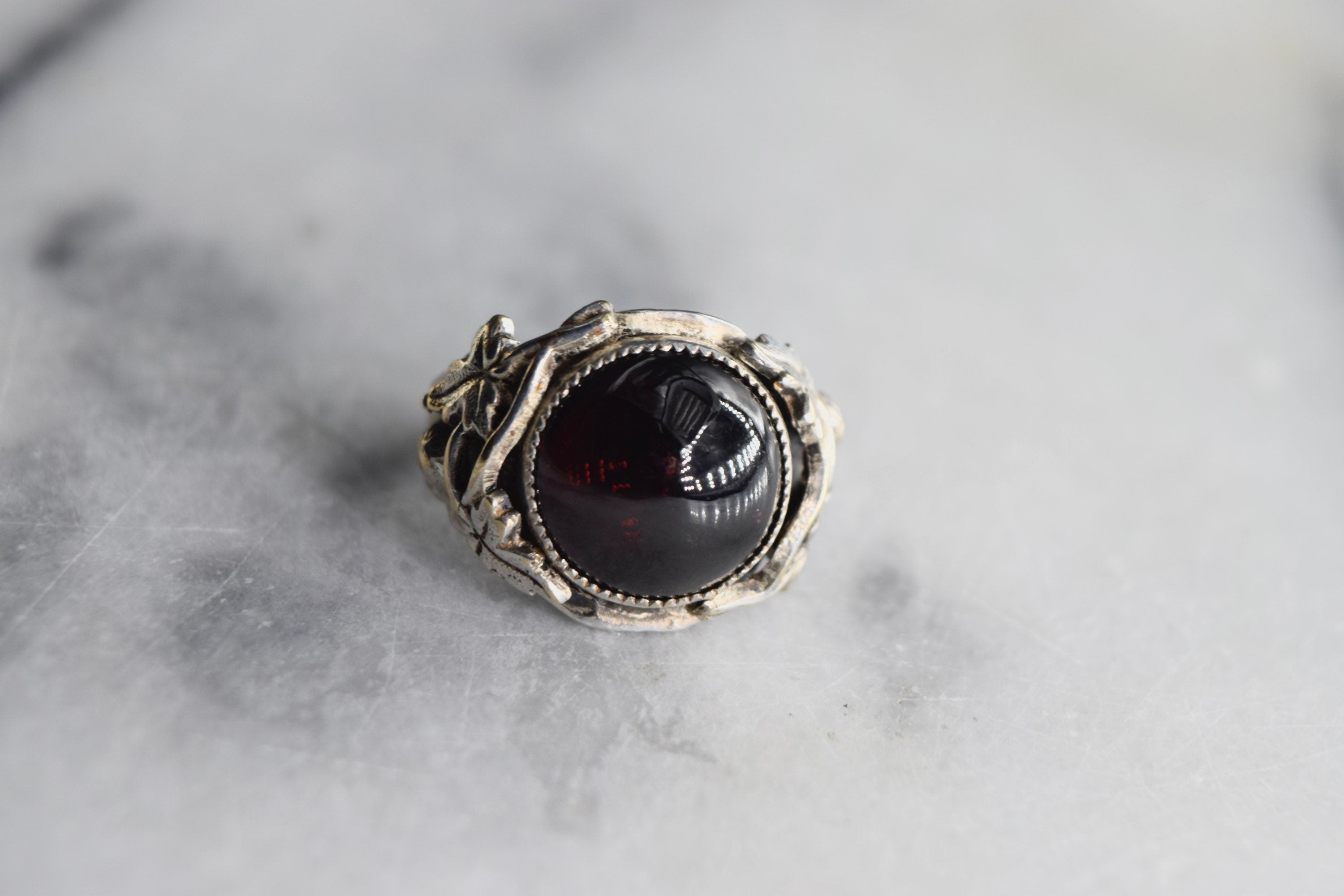 Antique Art Nouveau Garnet Cabochon Ring With Silver Shank