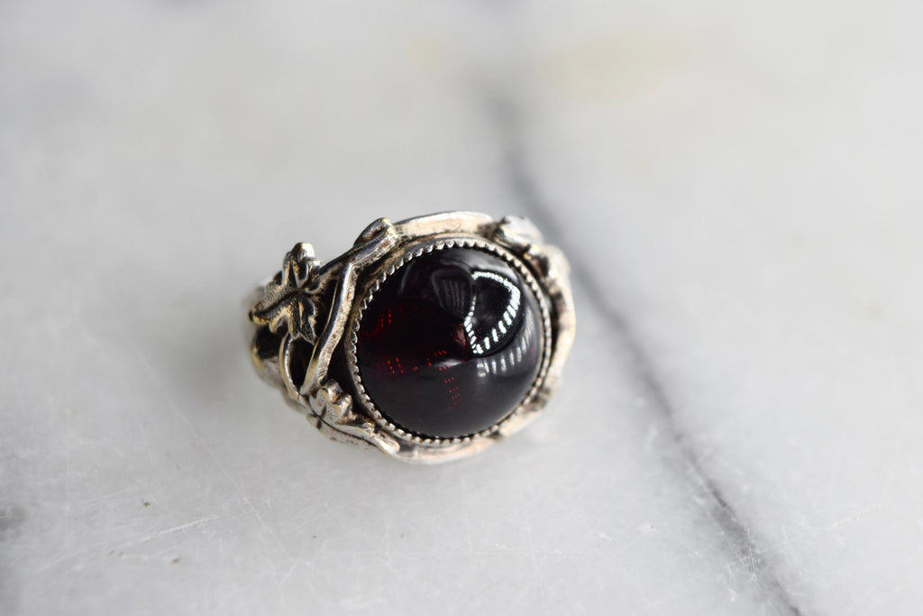 Antique Art Nouveau Garnet Cabochon Ring With Silver Shank