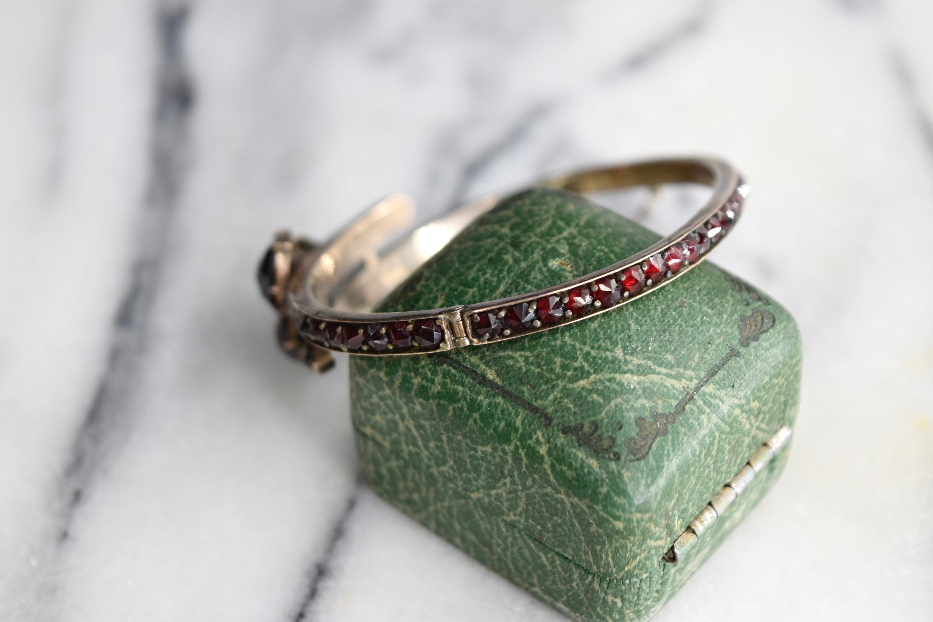 Antique Victorian Bohemian Garnet Three Leaf Clover Bracelet c.1880s