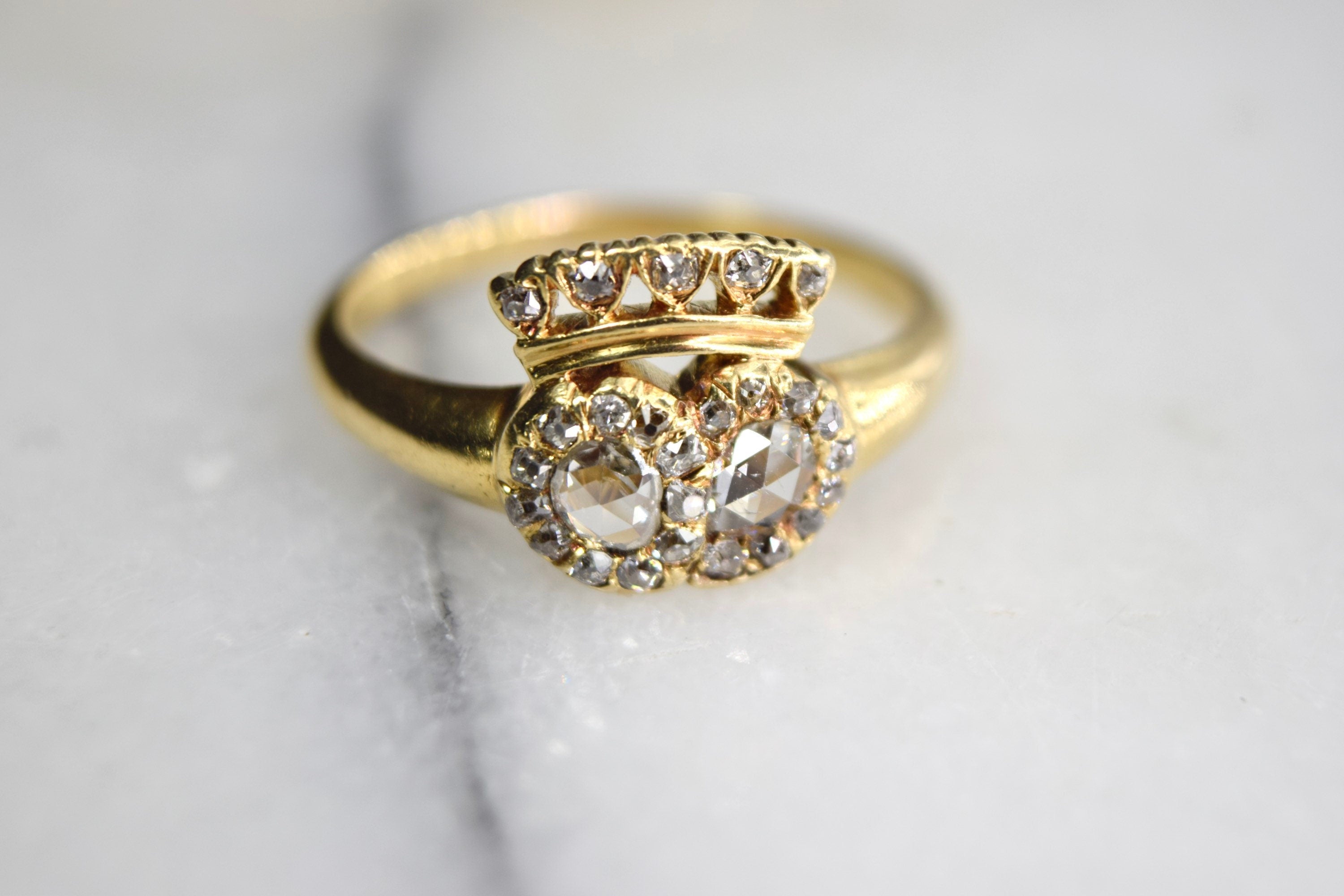 Antique Victorian Crowned Heart Diamond Ring 18k Gold with Rose Cut Diamonds