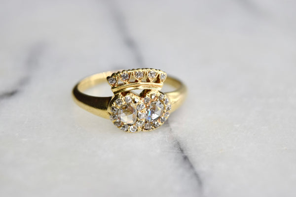 Antique Victorian Crowned Heart Diamond Ring 18k Gold with Rose Cut Diamonds